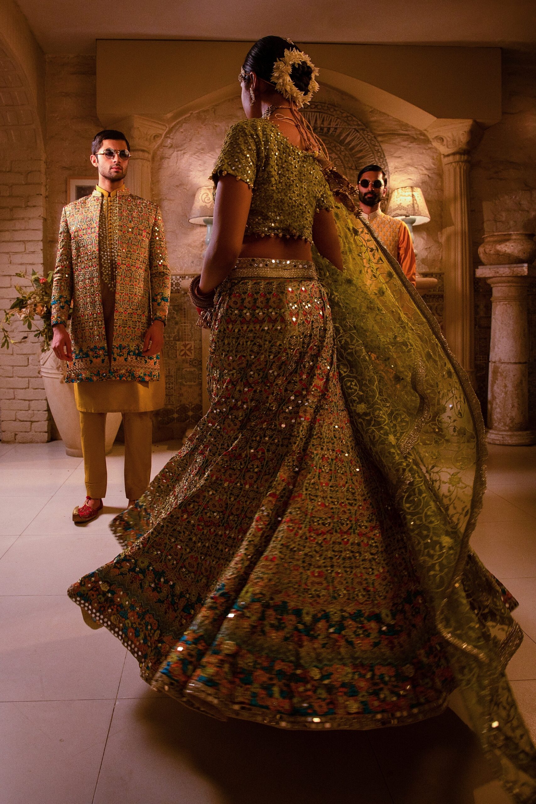 Golden and Lime Green Embroidered Silk-Blend Bridal Lehenga (3-Piece) - Image 7