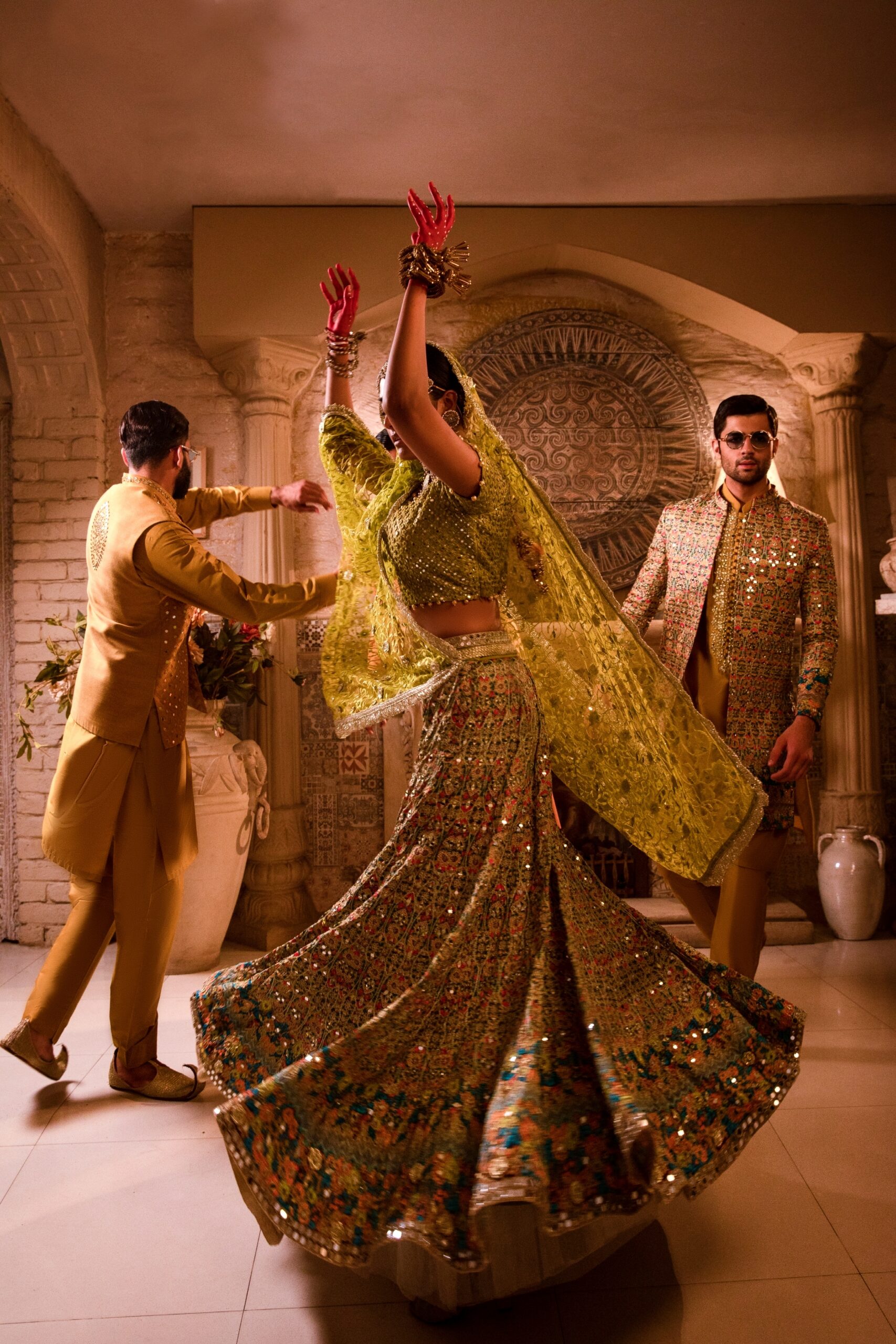 Golden and Lime Green Embroidered Silk-Blend Bridal Lehenga (3-Piece) - Image 8