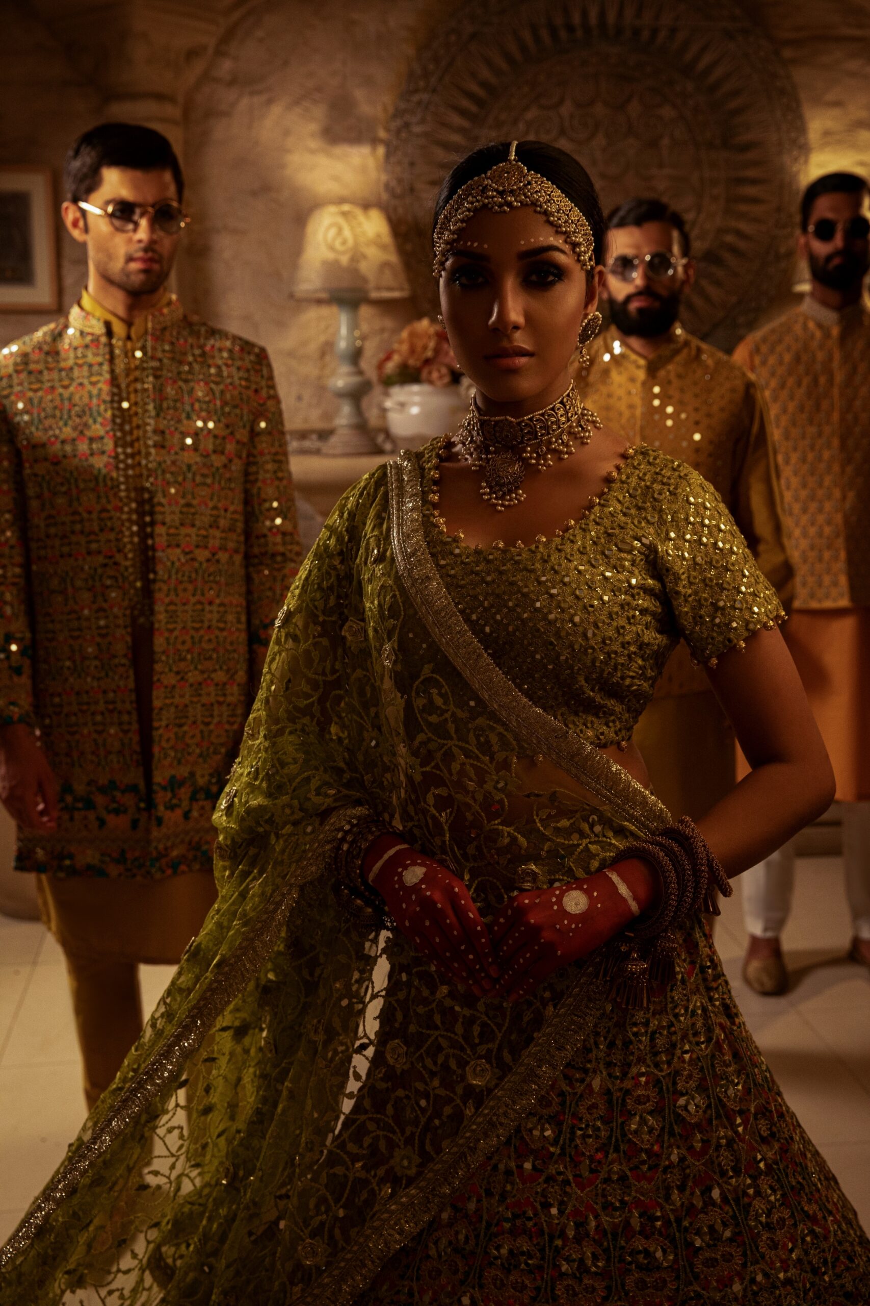 Golden and Lime Green Embroidered Silk-Blend Bridal Lehenga (3-Piece) - Image 9