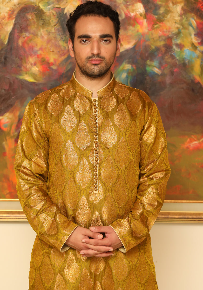 Golden Brocade Embroidered Kurta Set (2-Piece) - Image 1