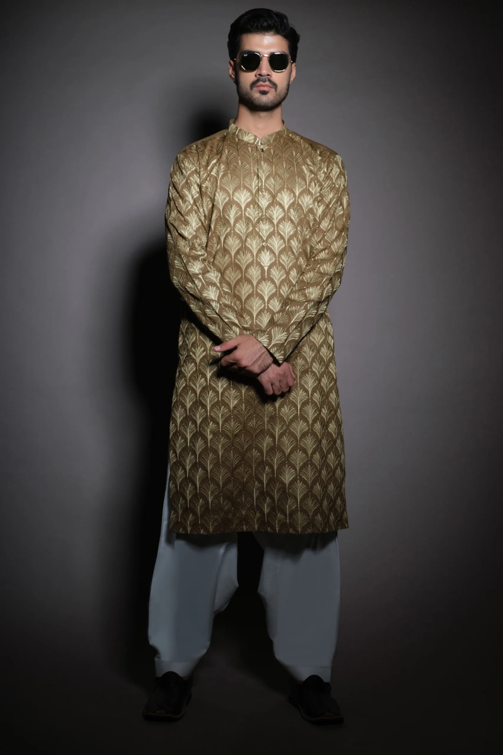Flaxen Embroidered Cotton Kurta for Men (1-Pc) - Image 1