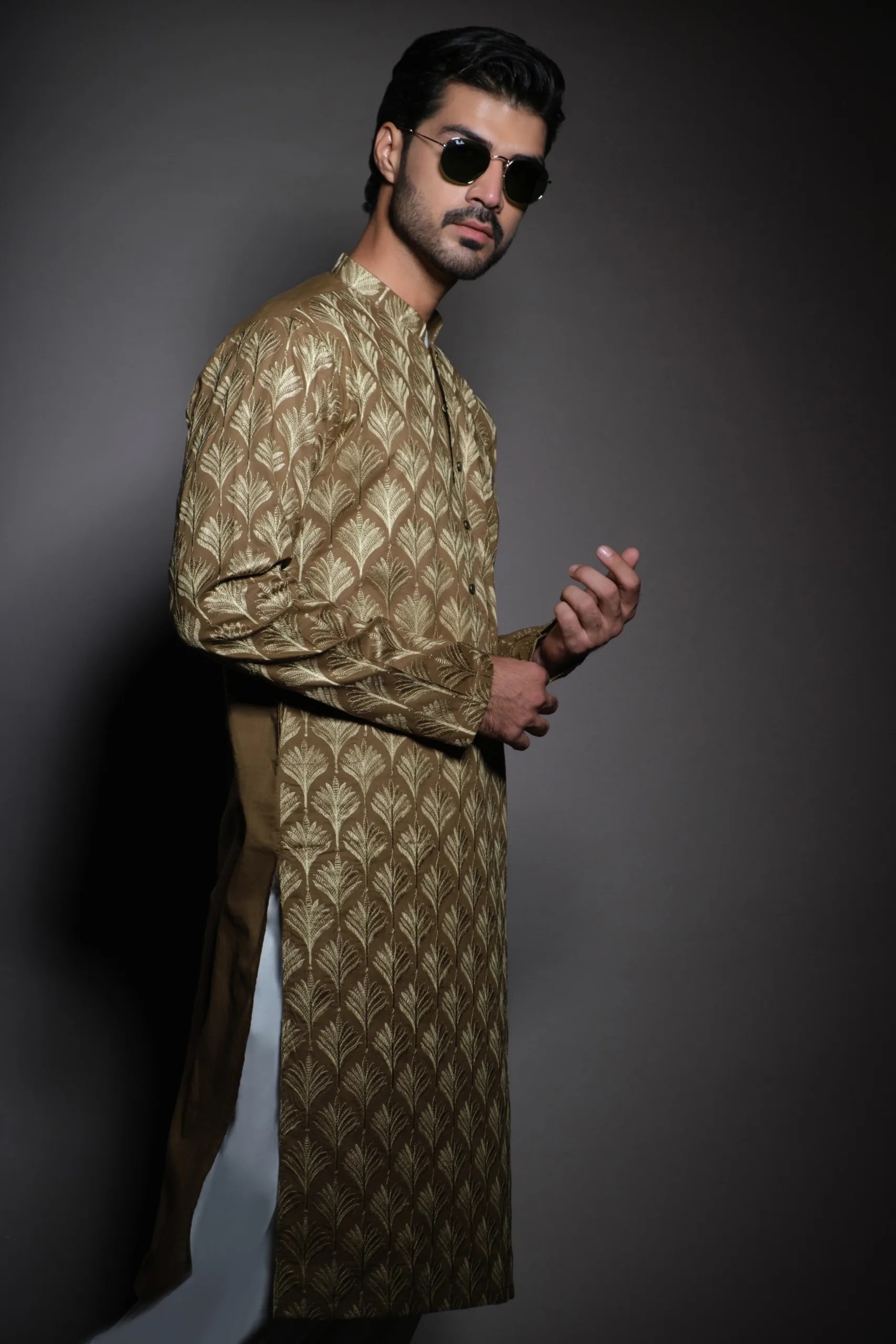 Flaxen Embroidered Cotton Kurta for Men (1-Pc) - Image 2