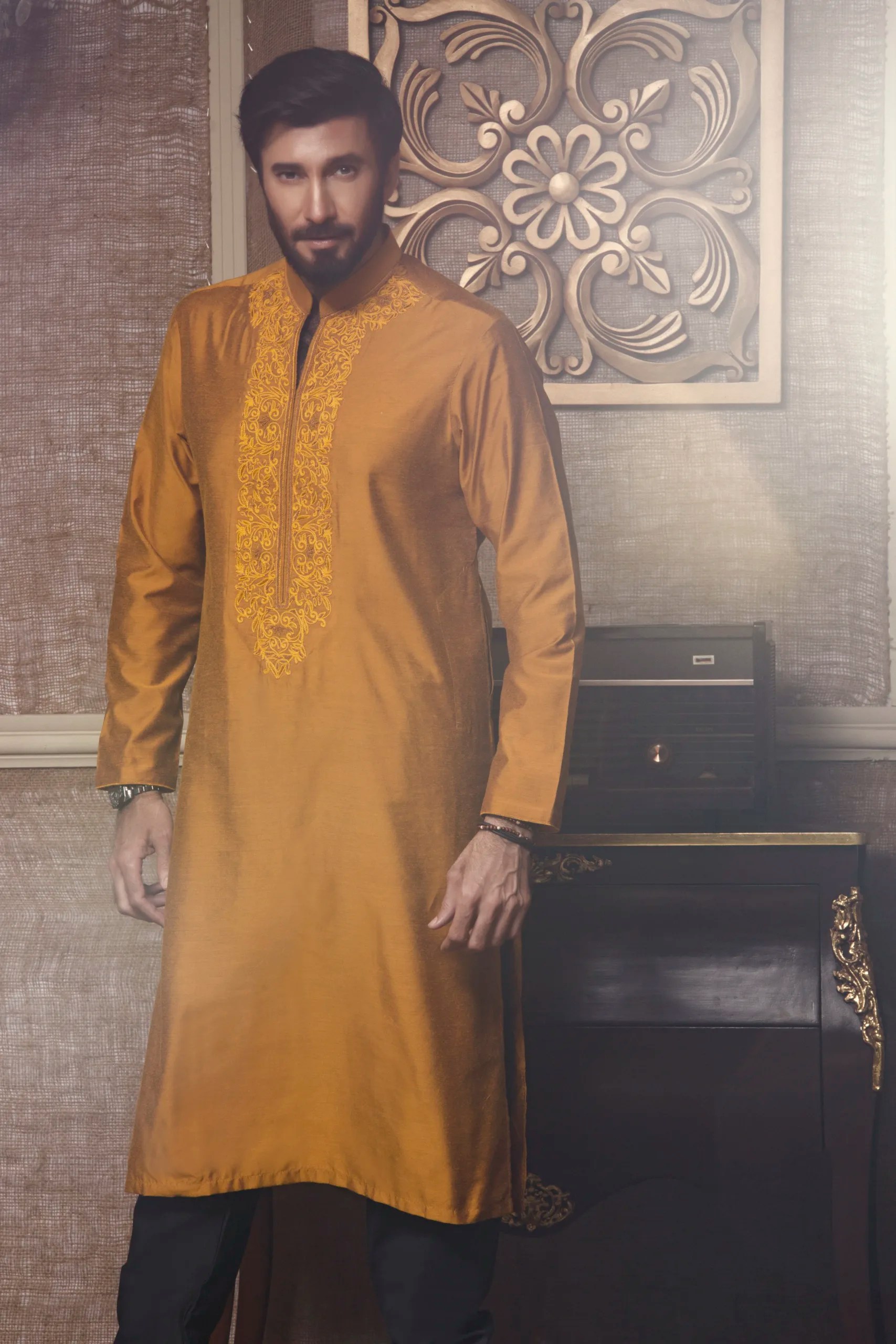 Honey Gold Embroidered Cotton-Silk Kurta (2-Piece) - Image 3