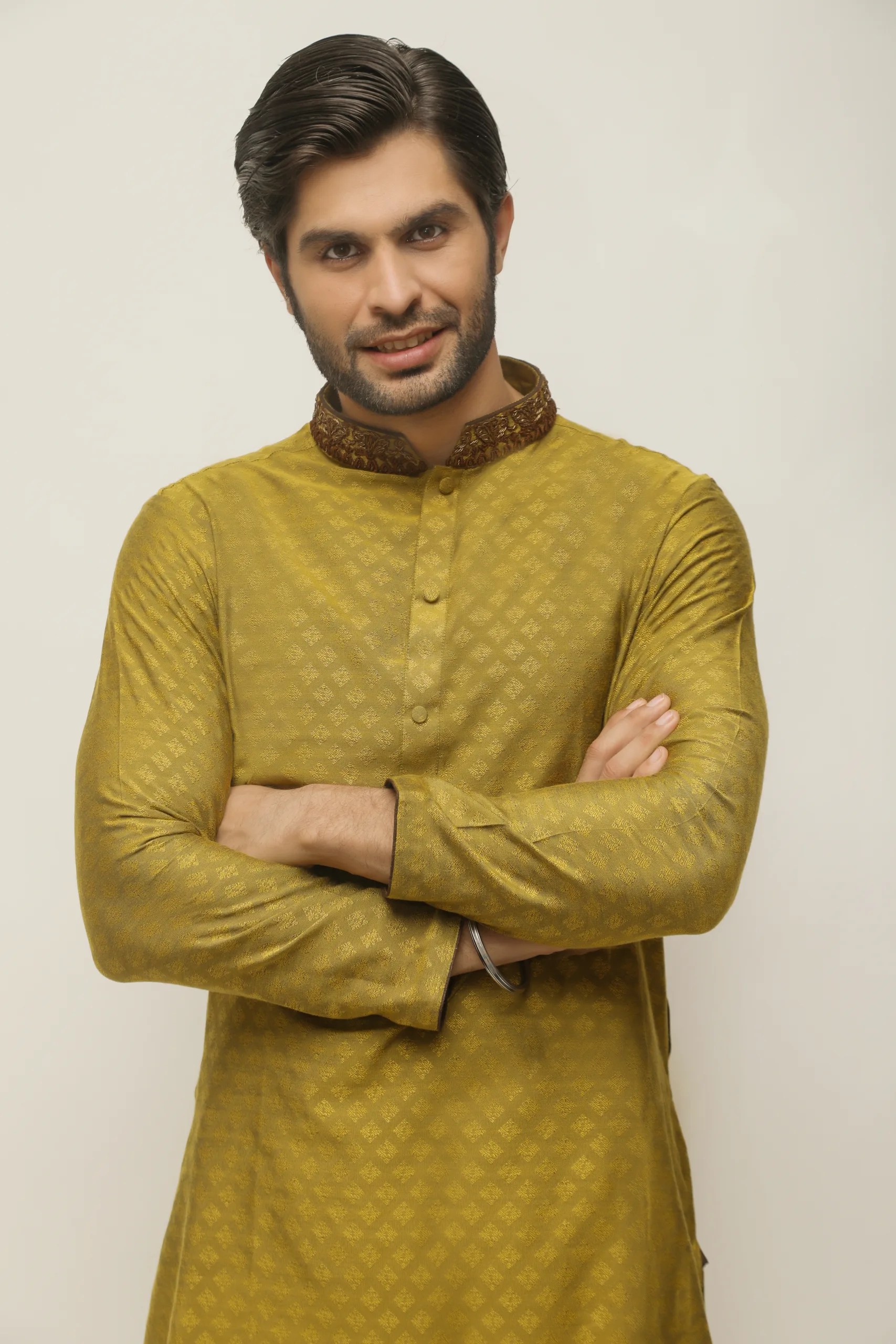 Mustard Gold Embroidered Jacquard Kurta (1-Pc) - Image 1