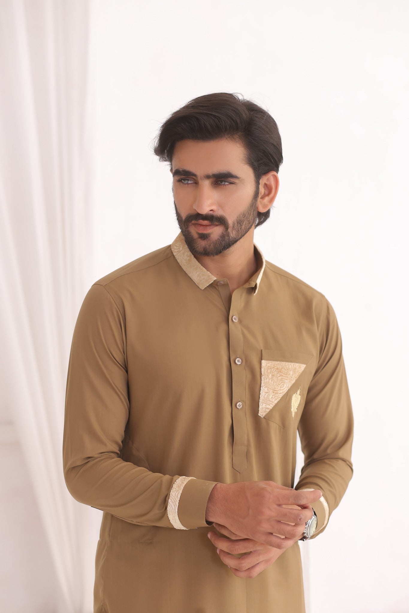 Gold Jacquard Accented Shalwar Kameez (2-Piece) - Image 6