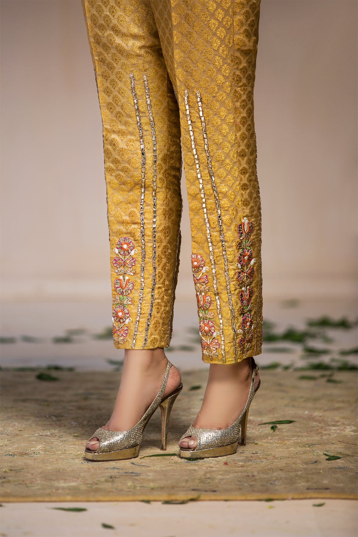 Golden Gota Lappa Embroidered Jamawar Pants (1-Pc) - Image 1