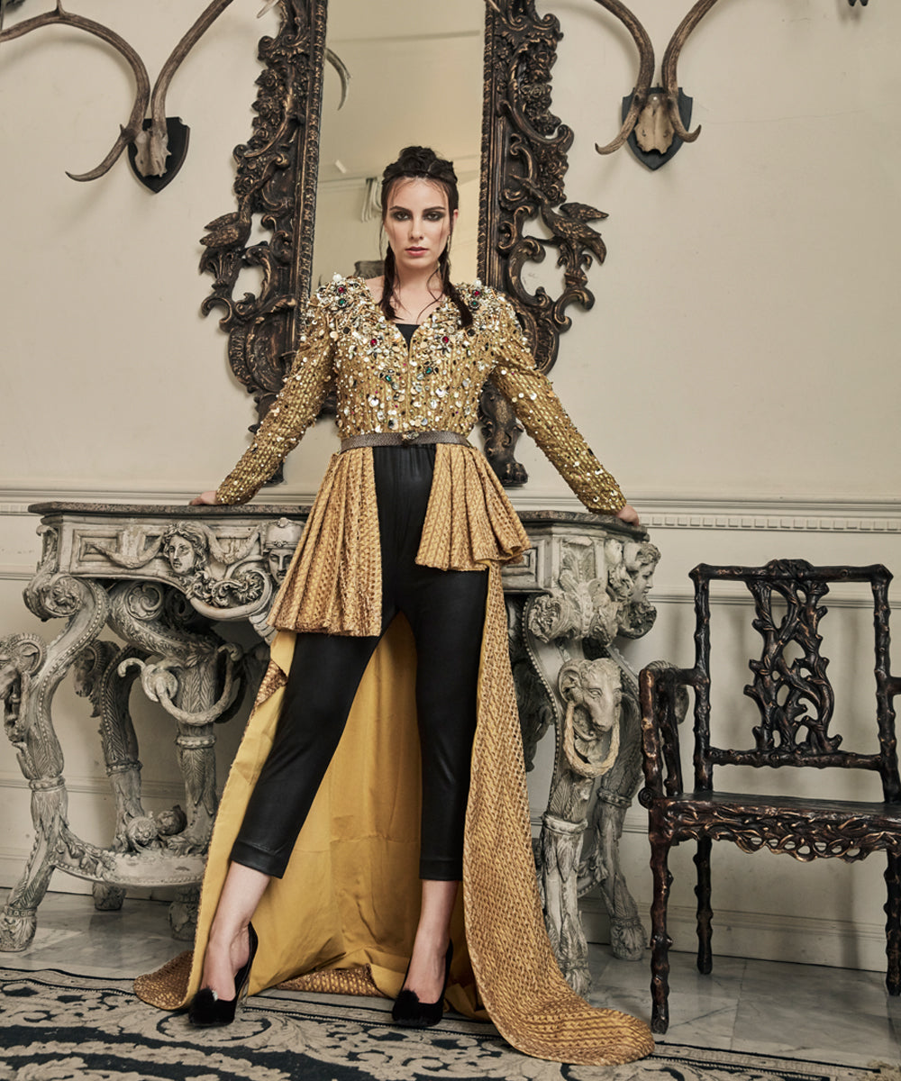 Pakistani Gold Embellished High-Low Peplum Jacket (2-Piece) - Image 1