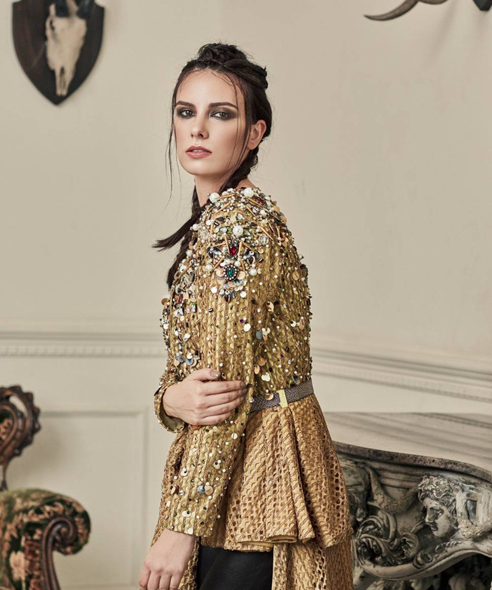 Pakistani Gold Embellished High-Low Peplum Jacket (2-Piece) - Image 2