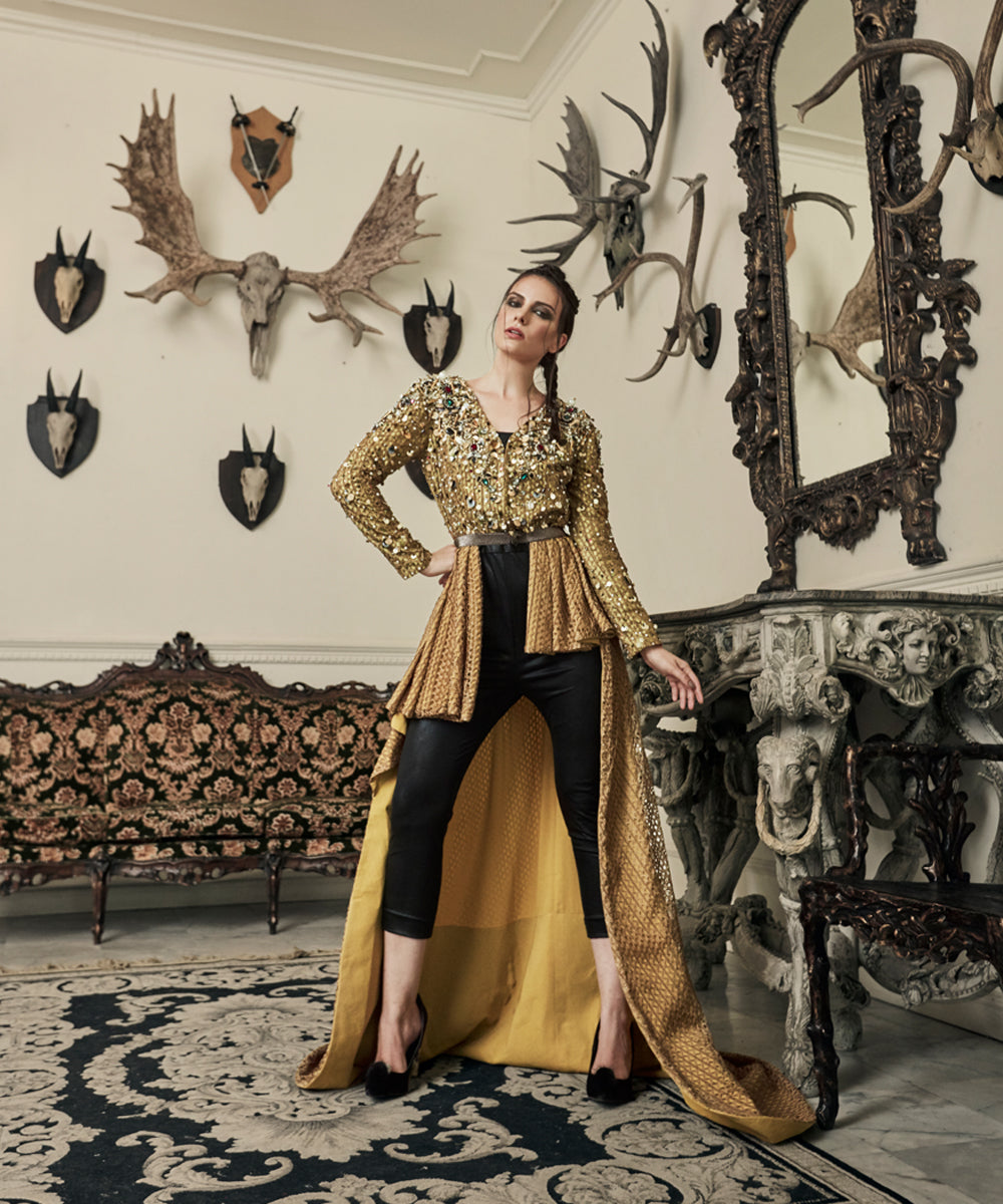 Pakistani Gold Embellished High-Low Peplum Jacket (2-Piece) - Image 3