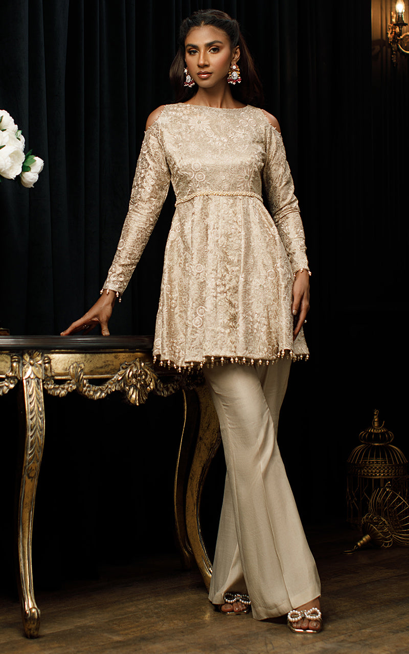 Pakistani Golden Beige Embroidered Tissue Peplum (2-Piece) - Image 1