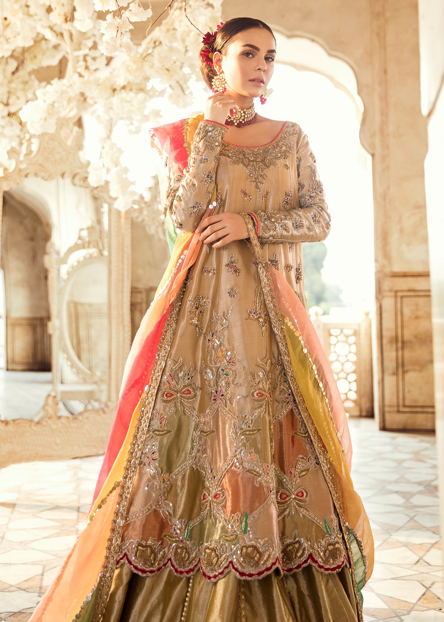 Pakistani Gold and Olive Hand-Embellished Silk-Blend Bridal Pishwas (3-Piece) - Image 1