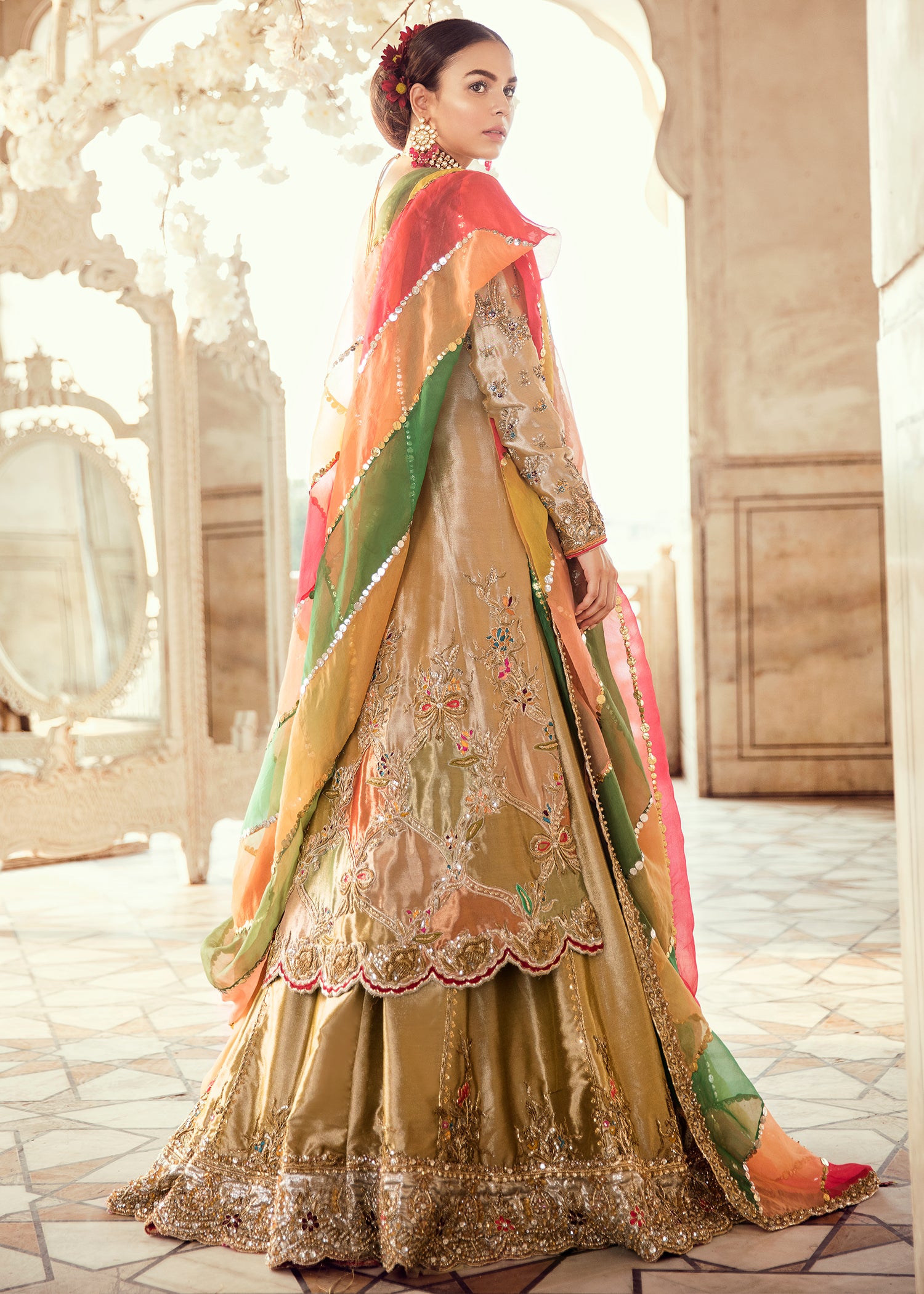 Pakistani Gold and Olive Hand-Embellished Silk-Blend Bridal Pishwas (3-Piece) - Image 3