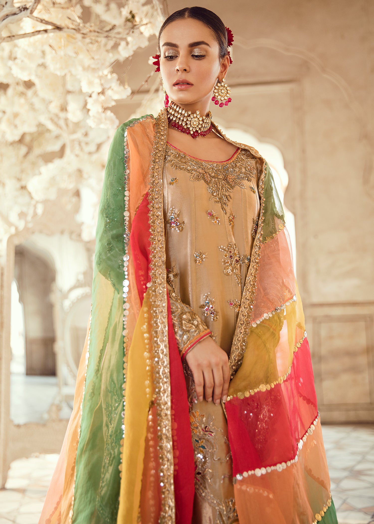 Pakistani Gold and Olive Hand-Embellished Silk-Blend Bridal Pishwas (3-Piece) - Image 4