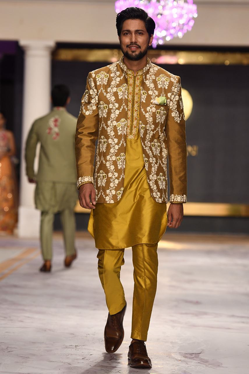 Golden Embroidered Raw Silk Prince Coat (3-Piece) - Image 1