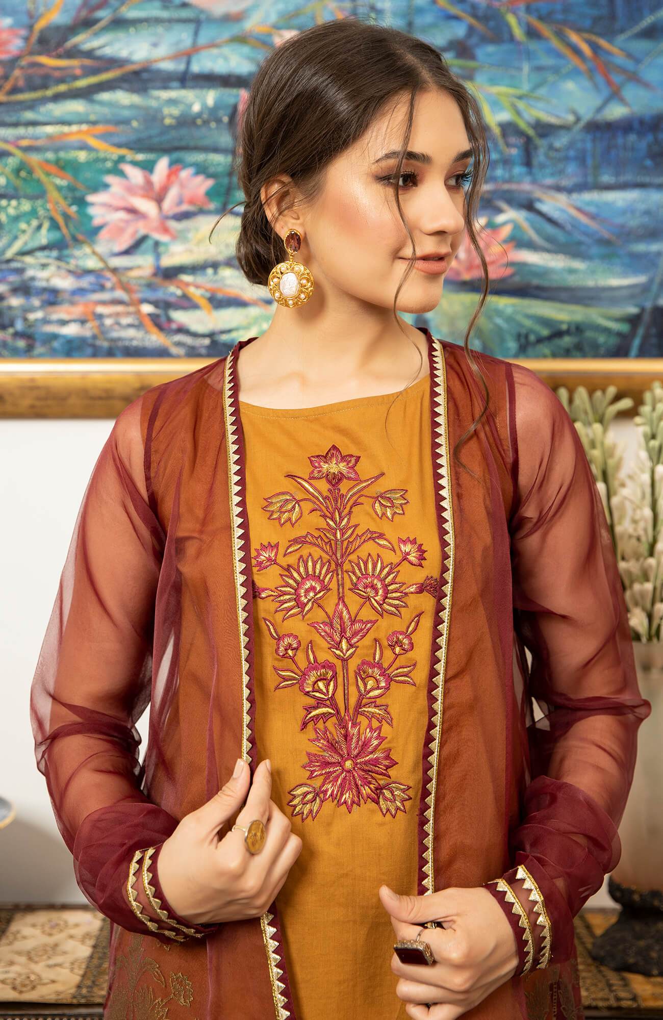 Ochre & Maroon Embroidered Cambric Organza Salwar Kameez (3-Piece) - Image 1