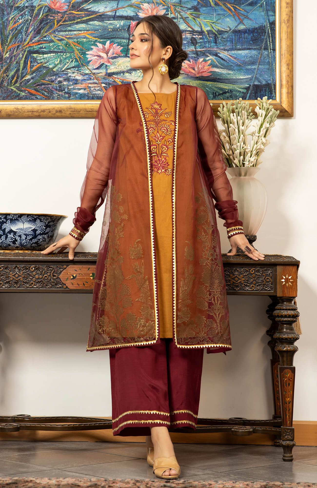 Ochre & Maroon Embroidered Cambric Organza Salwar Kameez (3-Piece) - Image 2