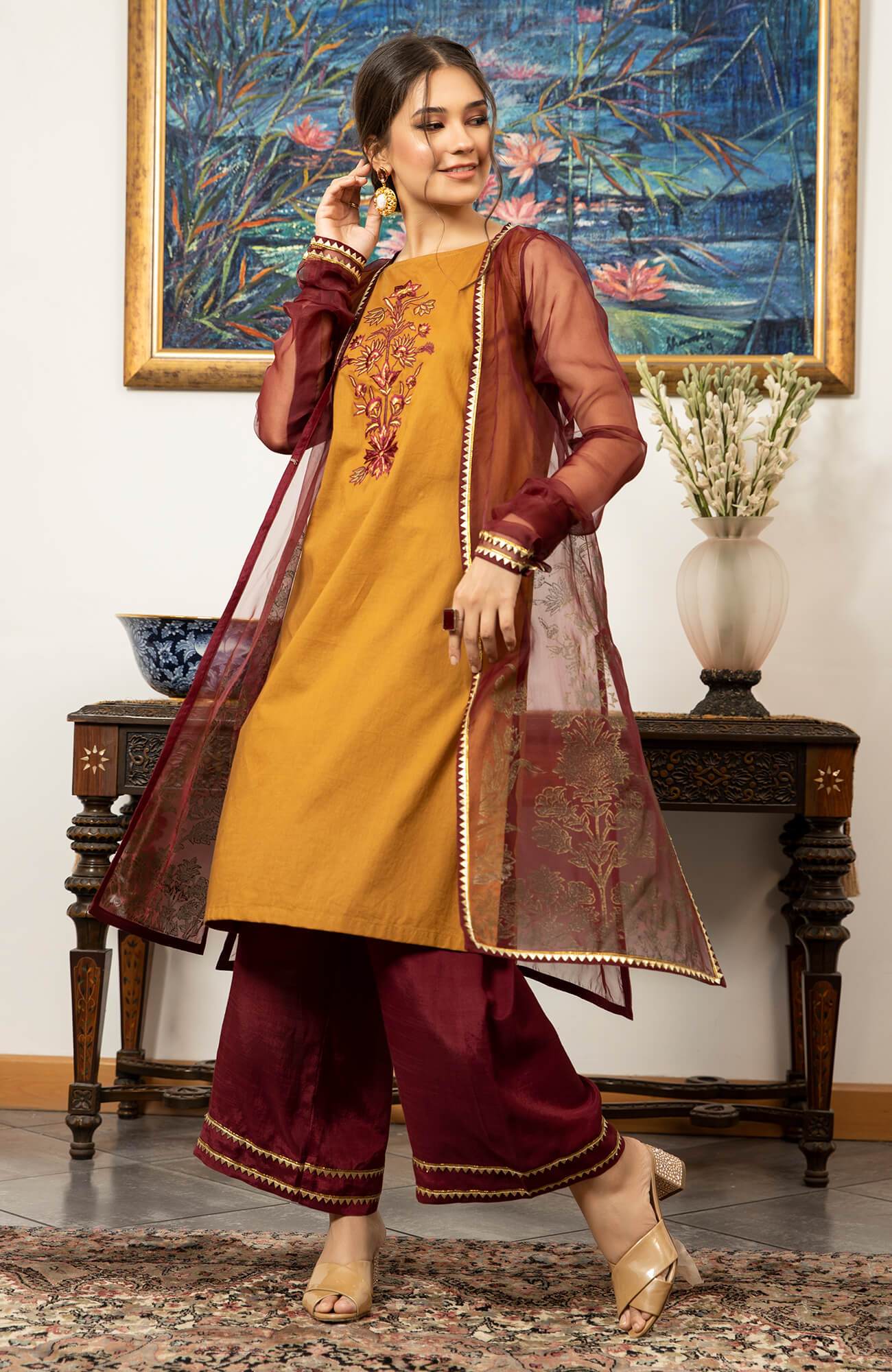 Ochre & Maroon Embroidered Cambric Organza Salwar Kameez (3-Piece) - Image 3