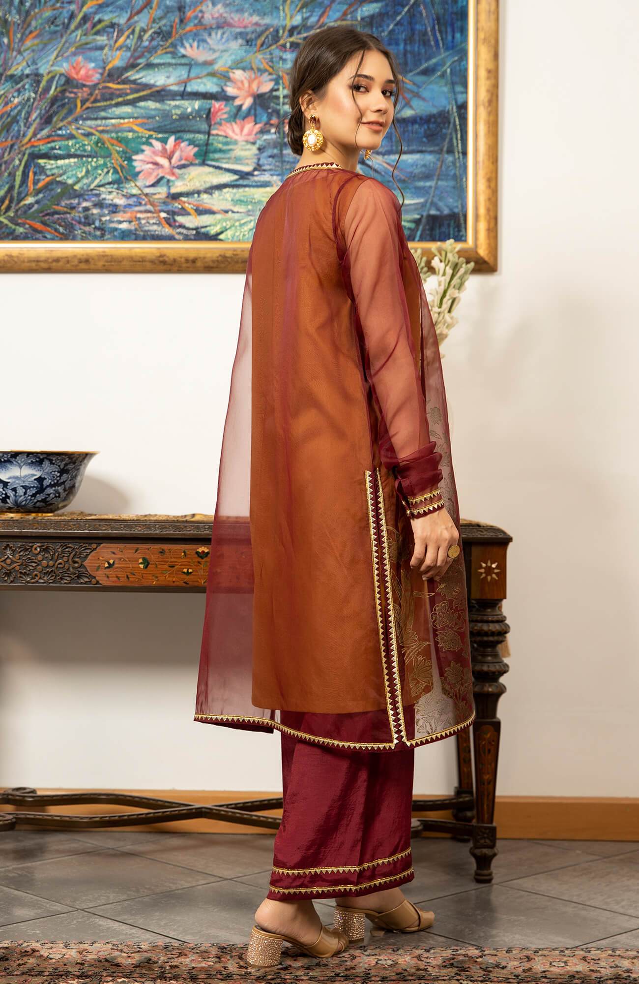 Ochre & Maroon Embroidered Cambric Organza Salwar Kameez (3-Piece) - Image 4