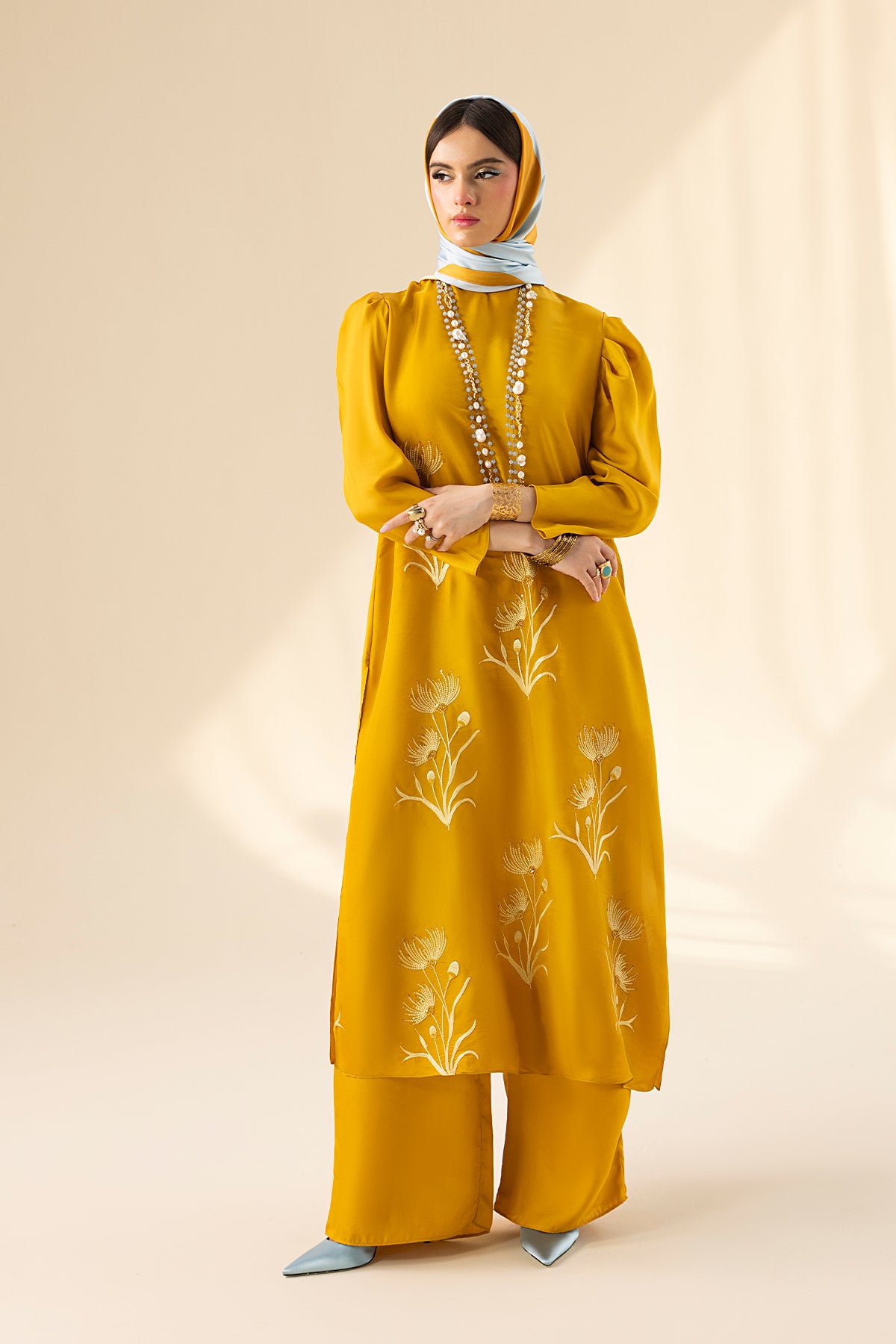 Goldenrod Embroidered Charmeuse Silk Salwar Kameez (3-Piece) - Image 2