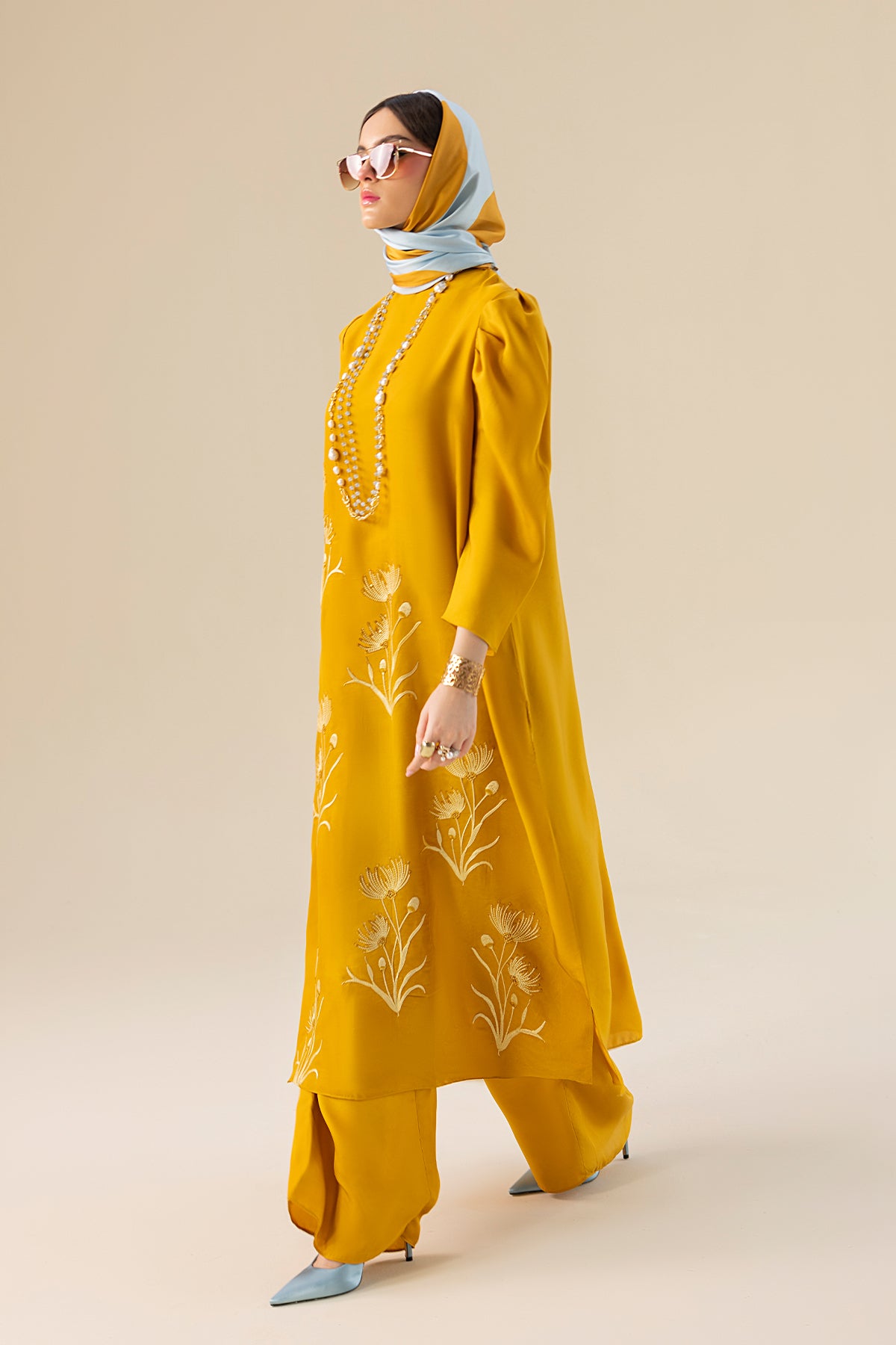 Goldenrod Embroidered Charmeuse Silk Salwar Kameez (3-Piece) - Image 4