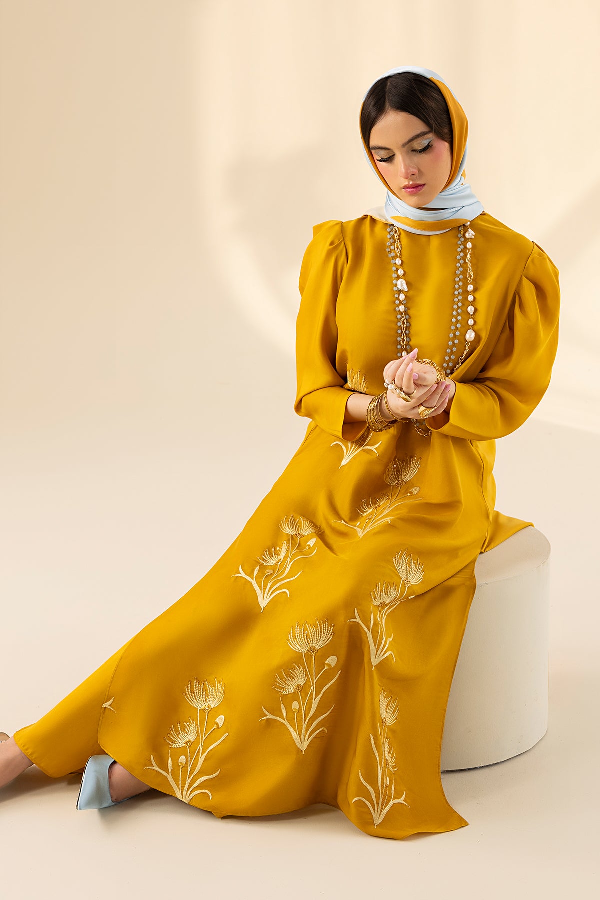 Goldenrod Embroidered Charmeuse Silk Salwar Kameez (3-Piece) - Image 5