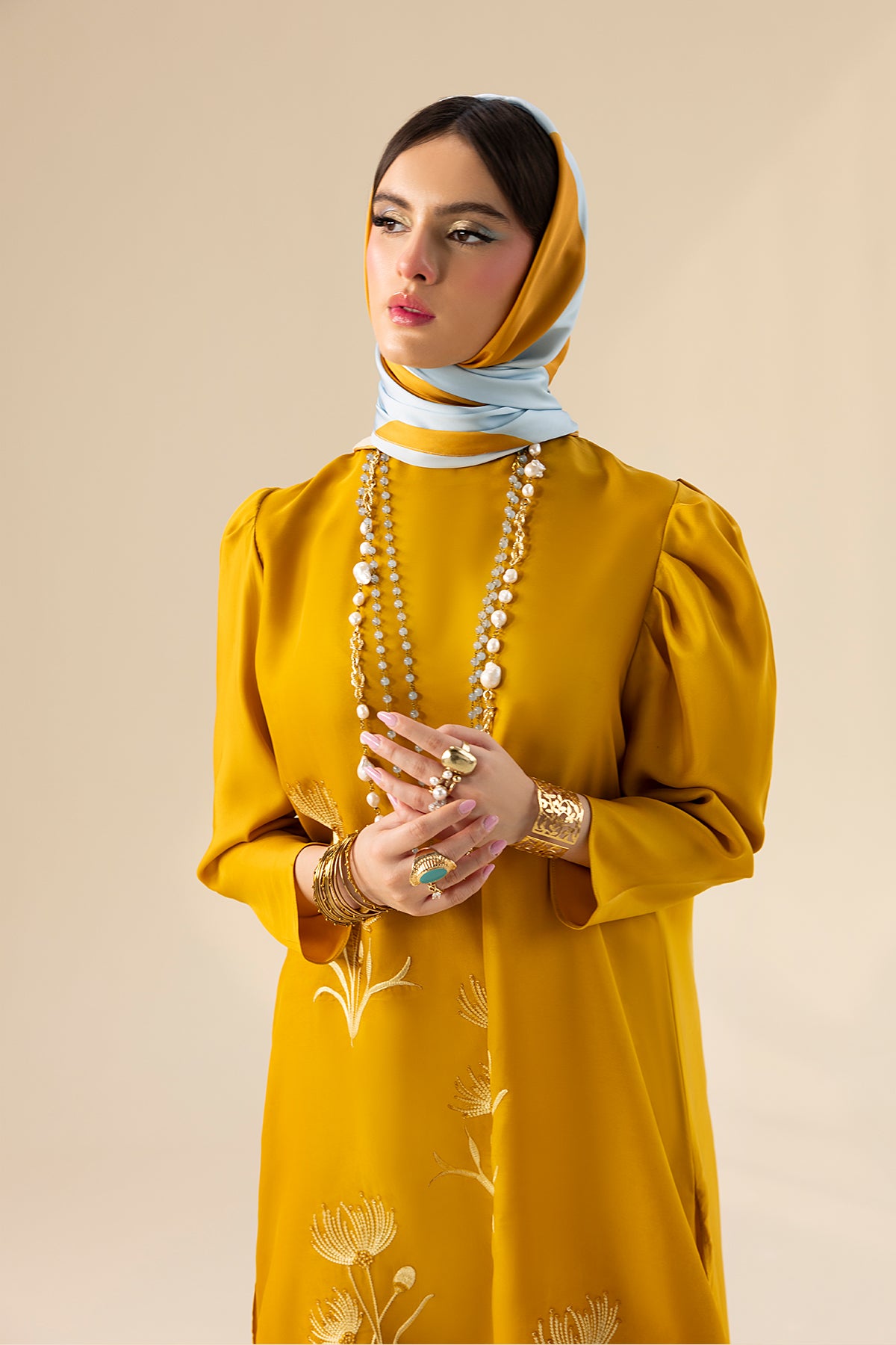 Goldenrod Embroidered Charmeuse Silk Salwar Kameez (3-Piece) - Image 7