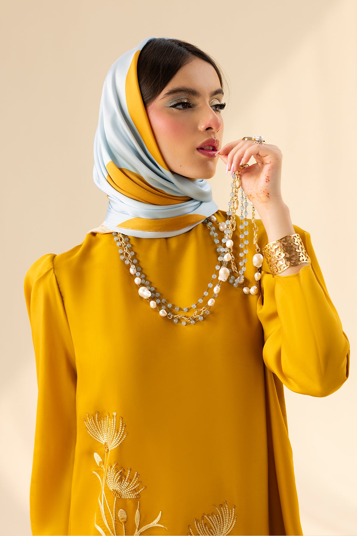 Goldenrod Embroidered Charmeuse Silk Salwar Kameez (3-Piece) - Image 8