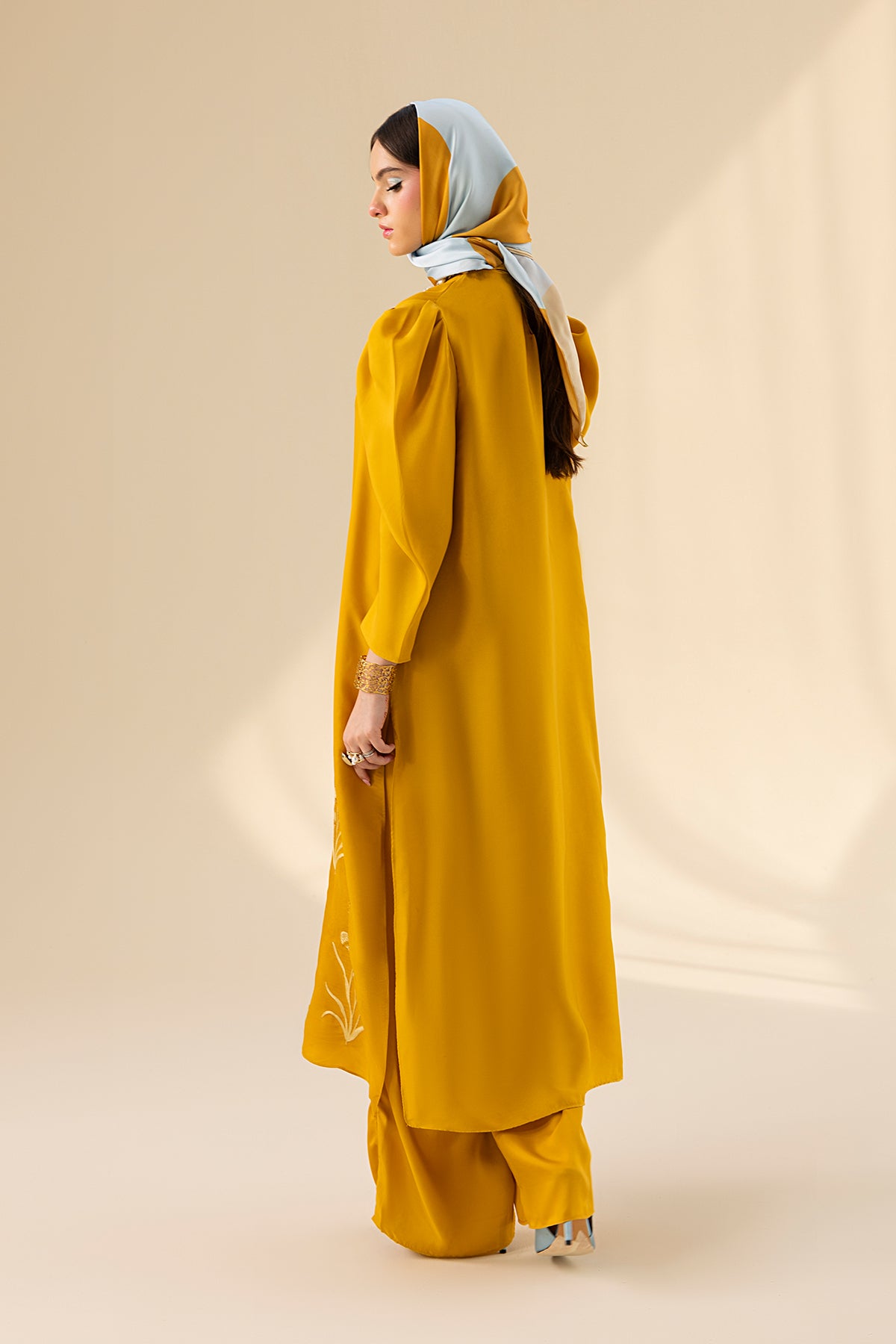 Goldenrod Embroidered Charmeuse Silk Salwar Kameez (3-Piece) - Image 9