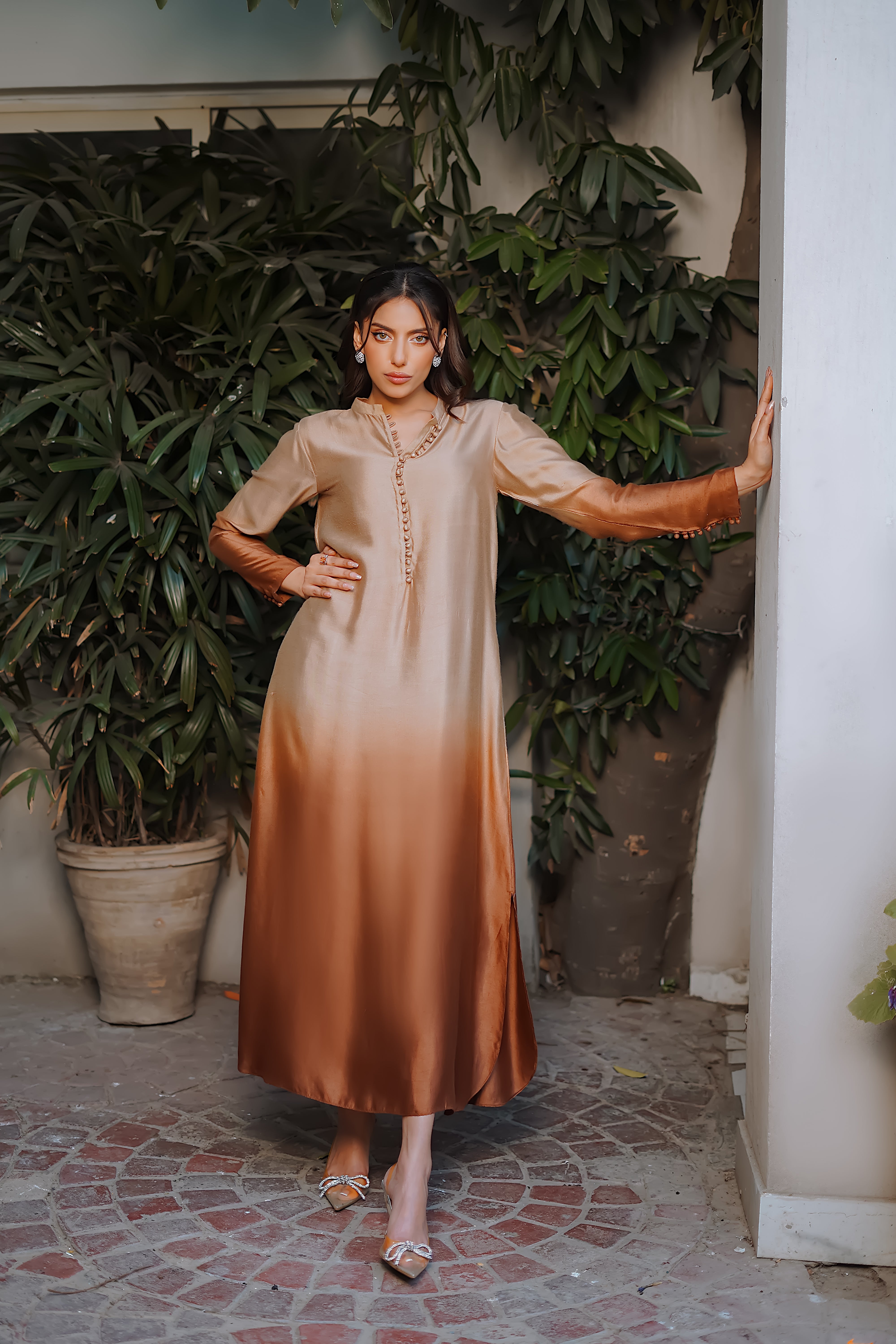 Golden-Bronze Ombré Cotton Net Salwar Kameez (2-Piece) - Image 2