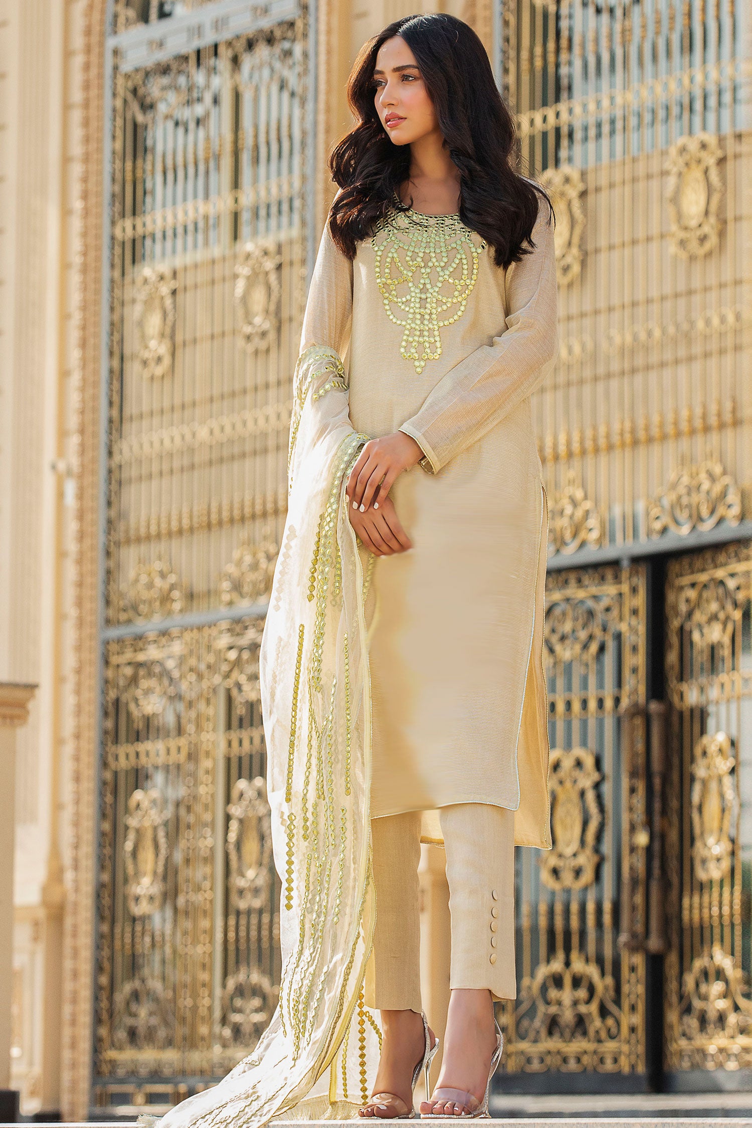 Gold Mirrorwork Cotton Zari Salwar Kameez (3-Piece) - Image 2