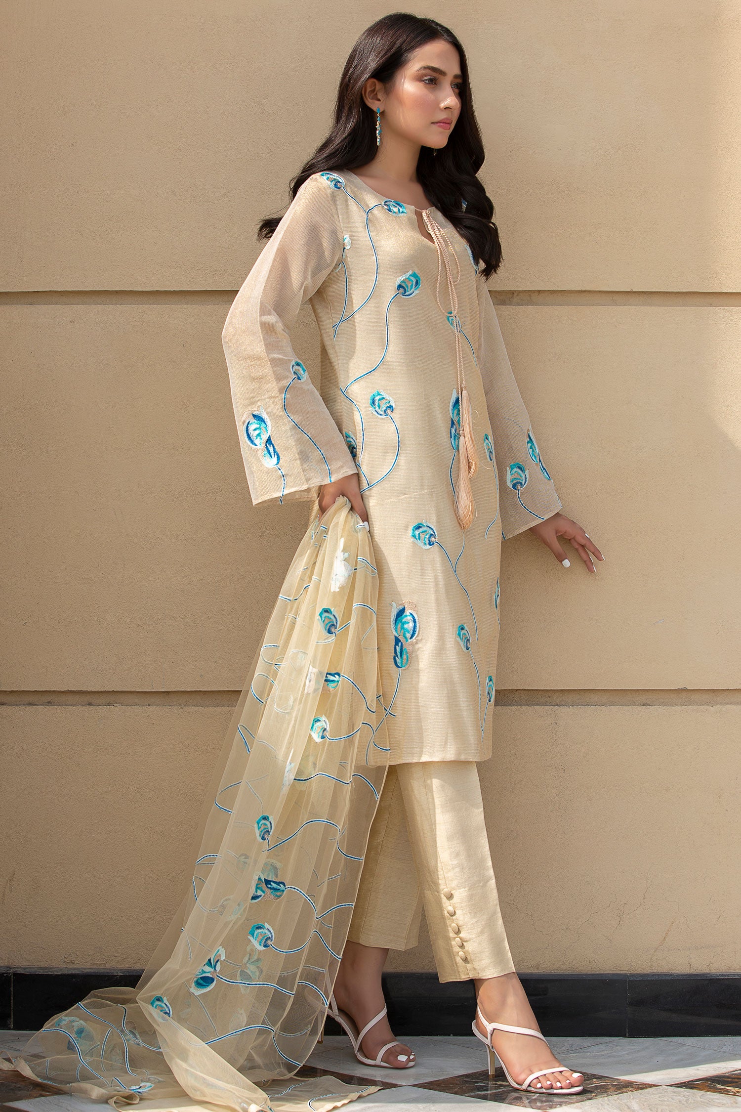 Pakistani Sandy Gold Zari Embroidered Cotton Salwar Kameez (3-Piece) - Image 3