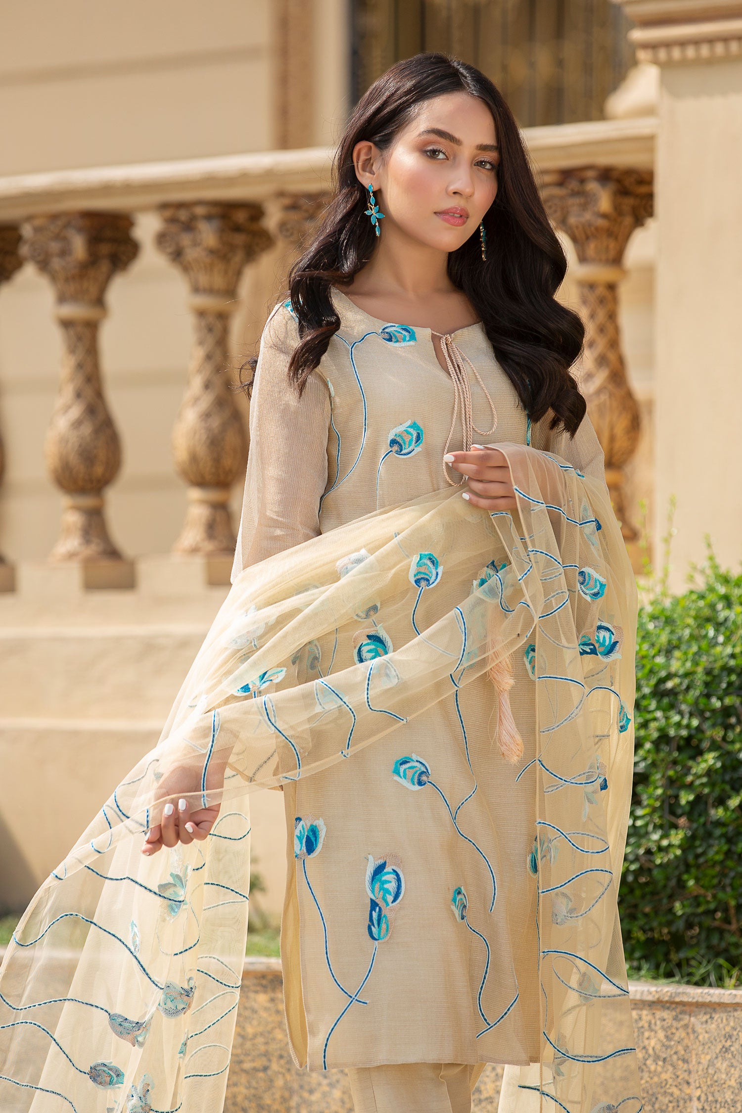 Pakistani Sandy Gold Zari Embroidered Cotton Salwar Kameez (3-Piece) - Image 4