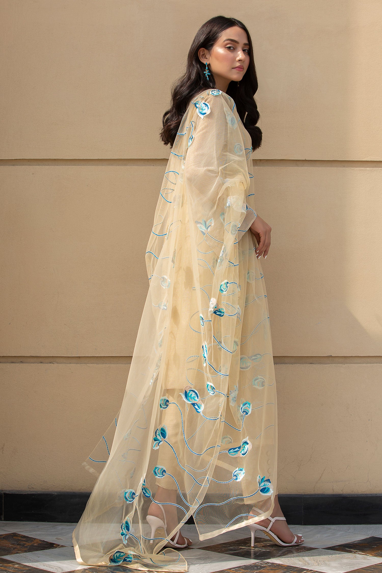 Pakistani Sandy Gold Zari Embroidered Cotton Salwar Kameez (3-Piece) - Image 5