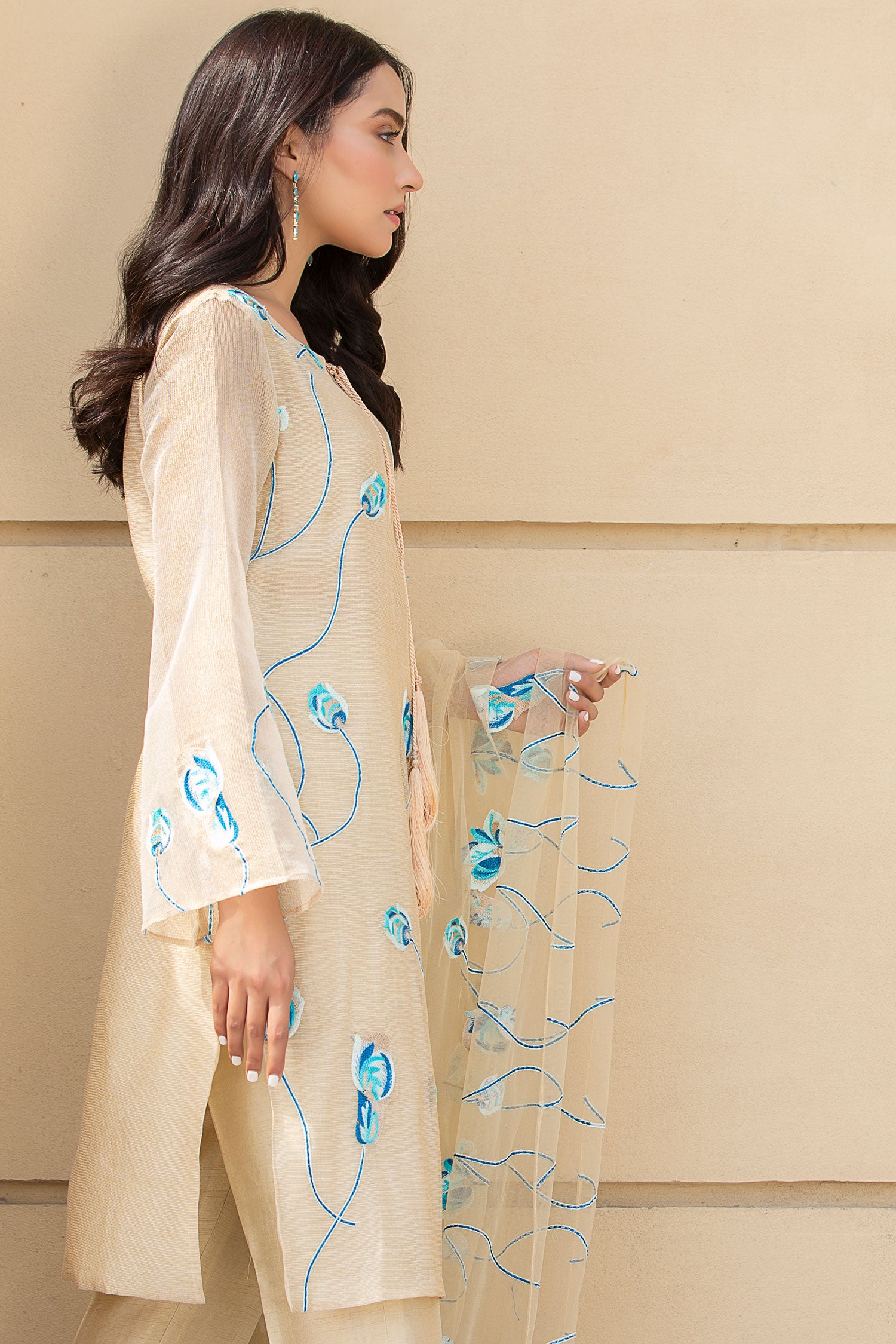 Pakistani Sandy Gold Zari Embroidered Cotton Salwar Kameez (3-Piece) - Image 6