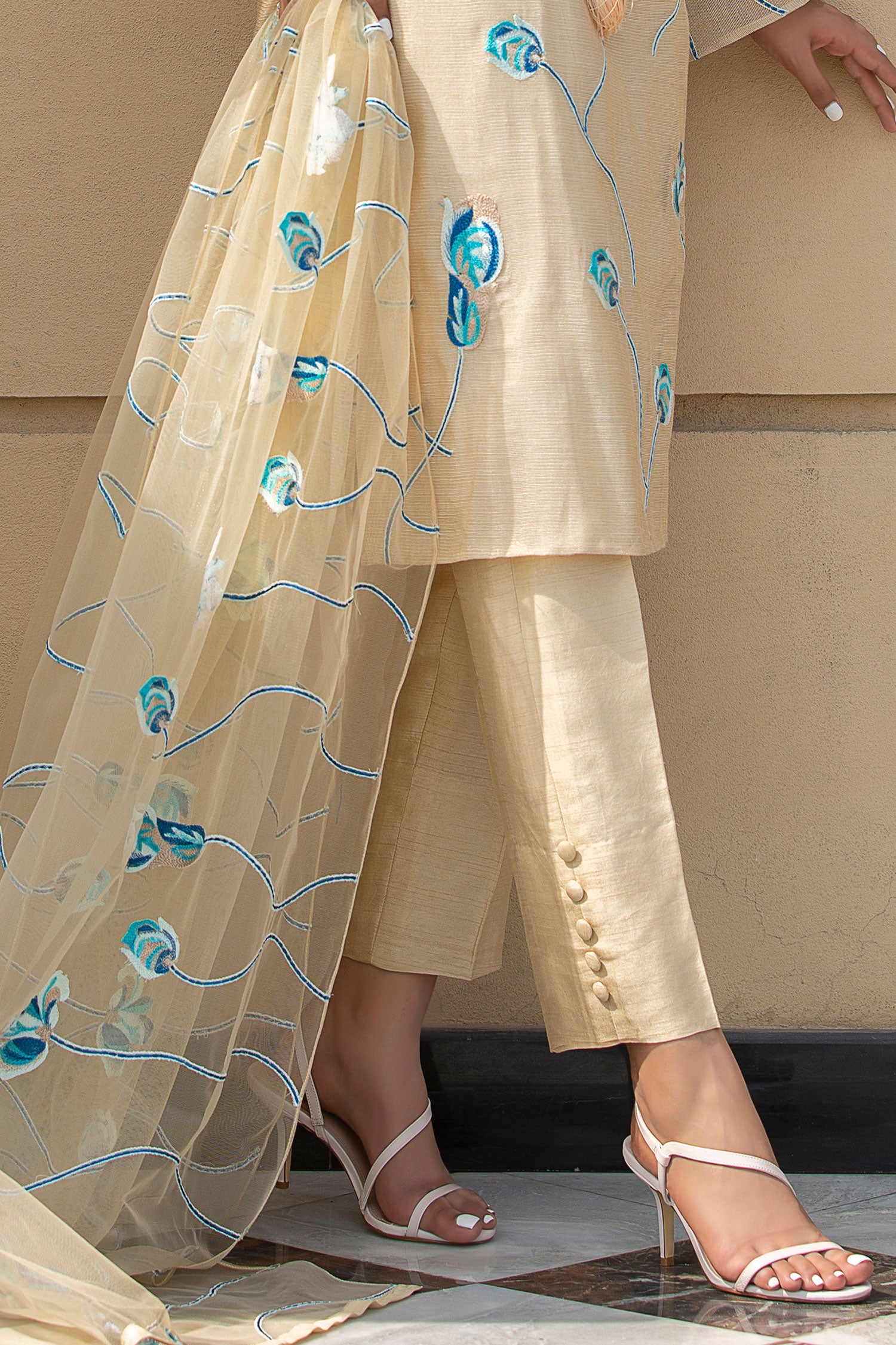 Pakistani Sandy Gold Zari Embroidered Cotton Salwar Kameez (3-Piece) - Image 7