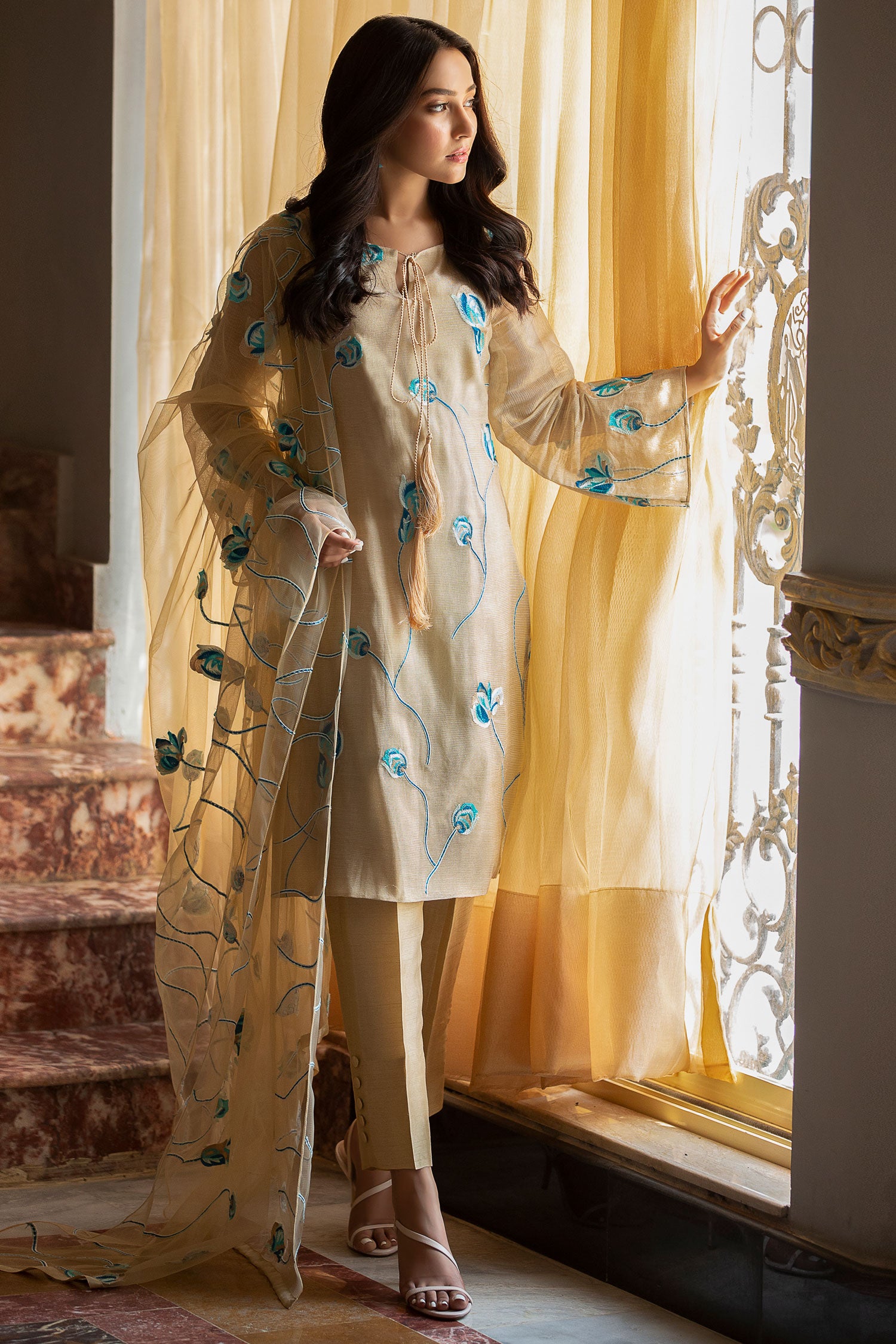 Pakistani Sandy Gold Zari Embroidered Cotton Salwar Kameez (3-Piece) - Image 8