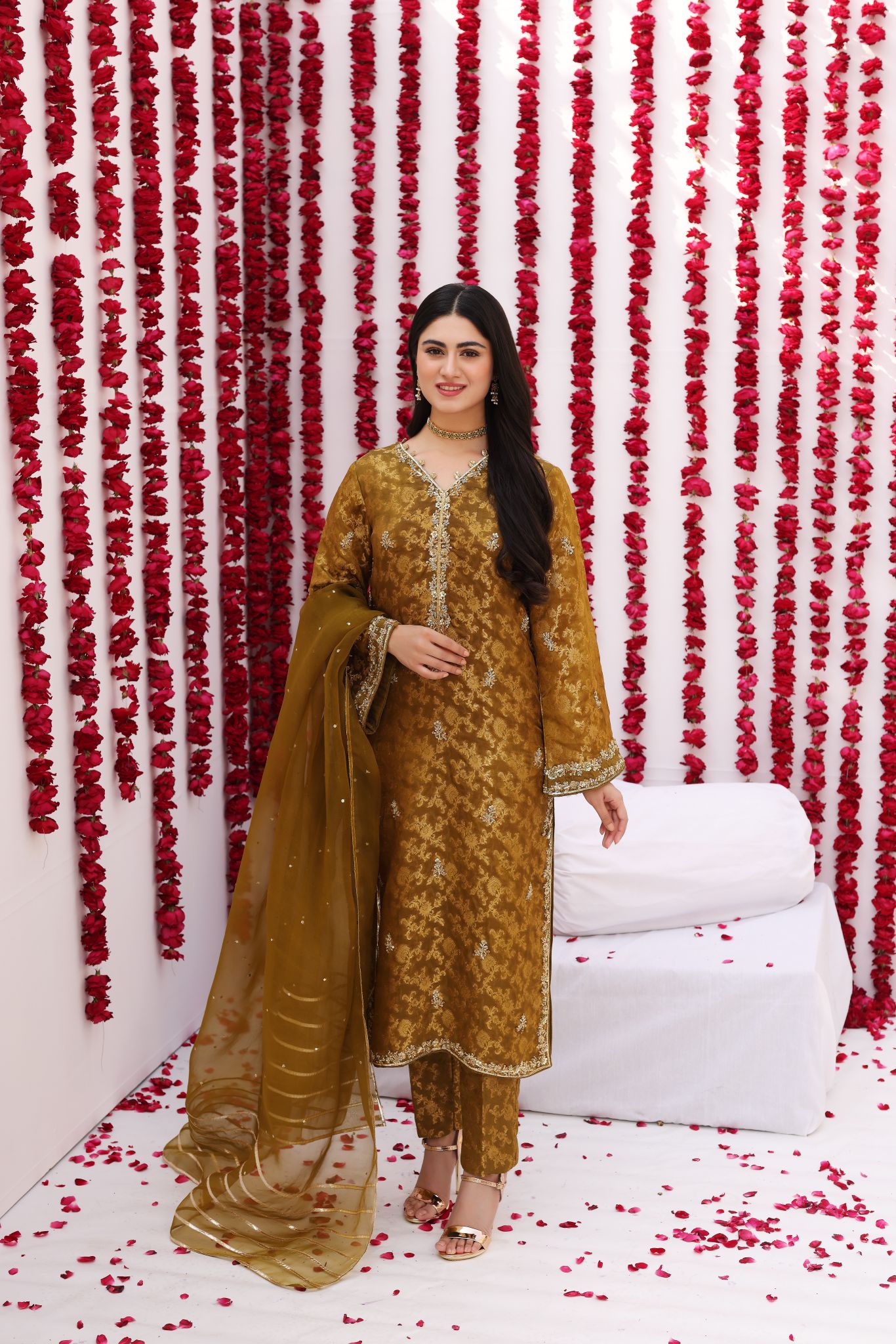 Mustard Gold Ada Embroidered Jamawar Salwar Kameez (3-Piece) - Image 1