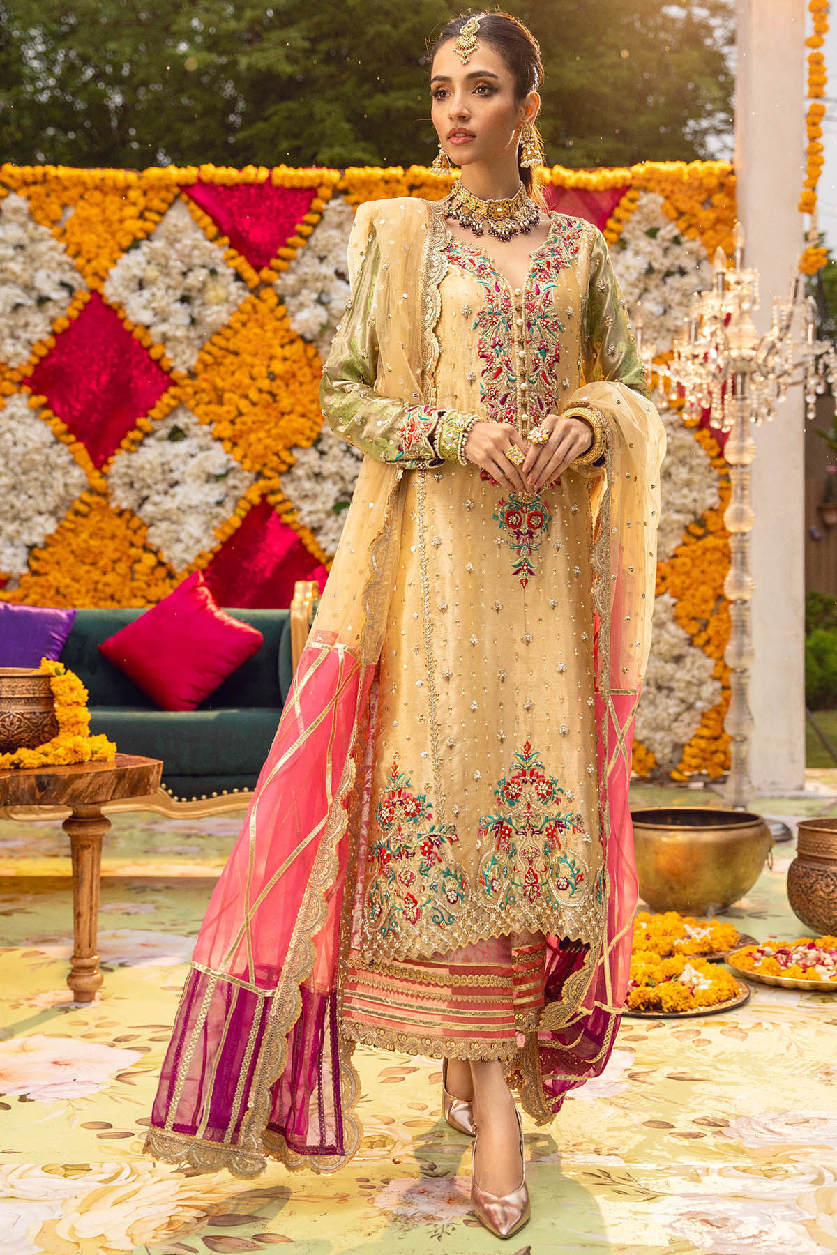 Pakistani Lime Gold & Canary Green Lame Salwar Kameez (3-Piece) - Image 1