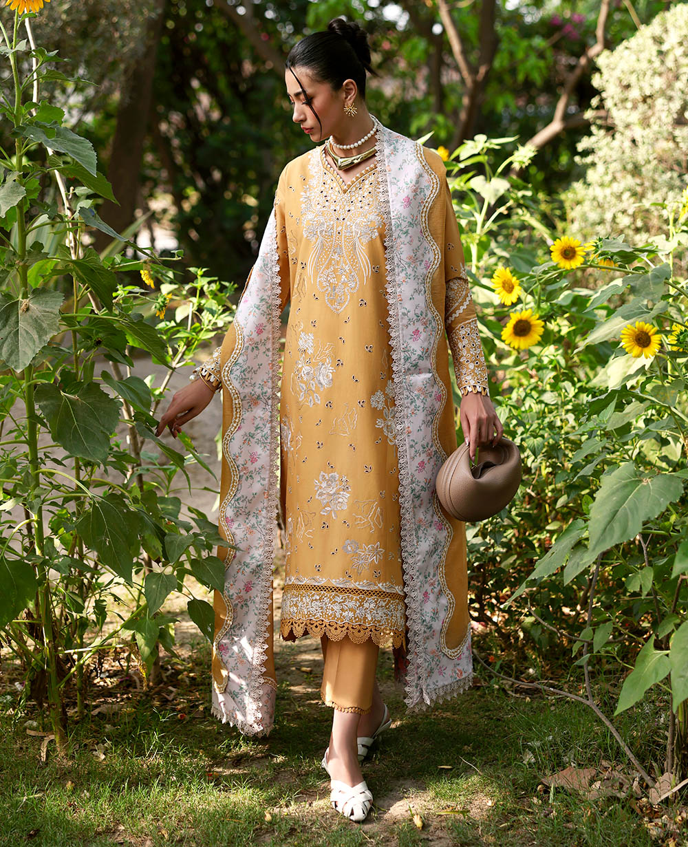 Pakistani Ochre Embroidered Lawn 3-Piece Suit - Image 1