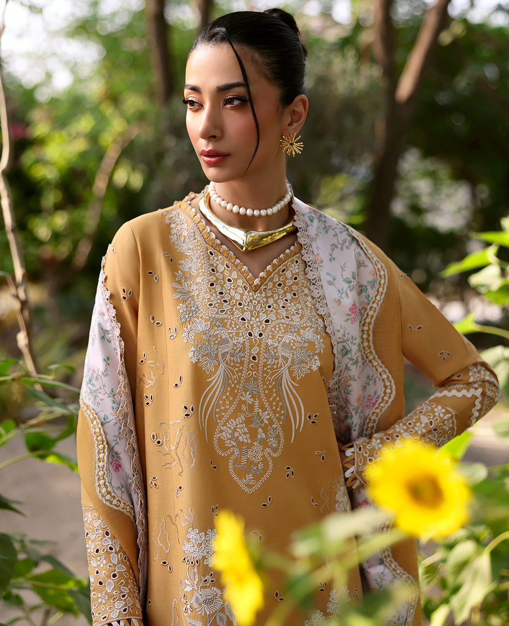 Pakistani Ochre Embroidered Lawn 3-Piece Suit - Image 4