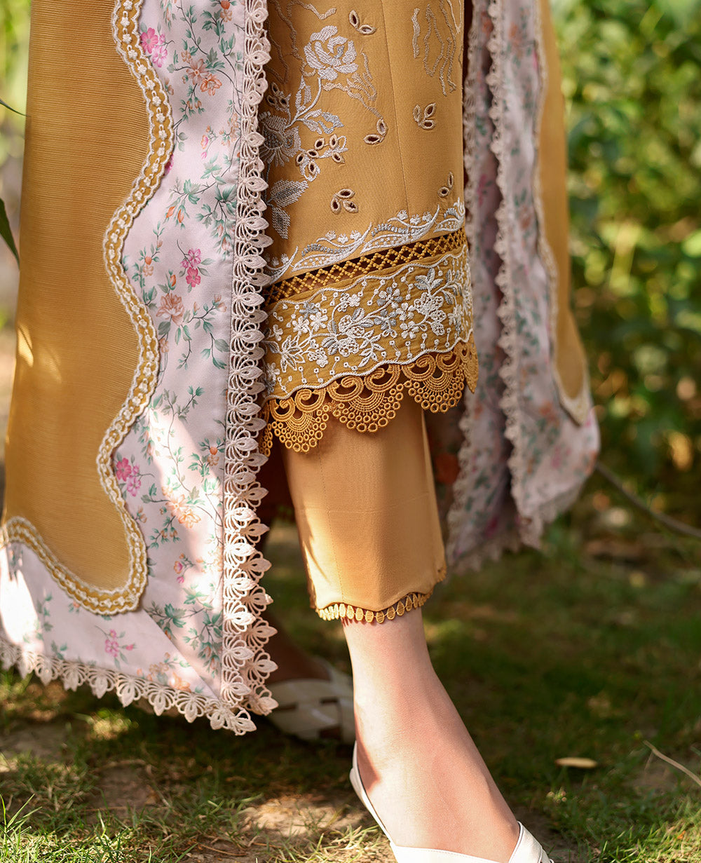 Pakistani Ochre Embroidered Lawn 3-Piece Suit - Image 5