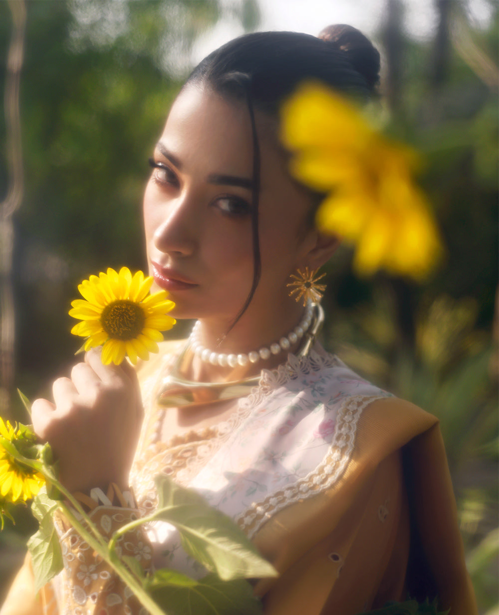 Pakistani Ochre Embroidered Lawn 3-Piece Suit - Image 6