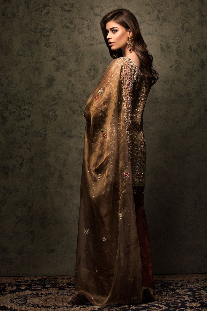 Pakistani Brown Gold Zardozi Embroidered Salwar Kameez (3-Piece) - Image 3