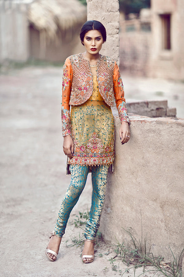 Mustard Gold Embroidered Net Salwar Kameez (3-Piece) - Image 1