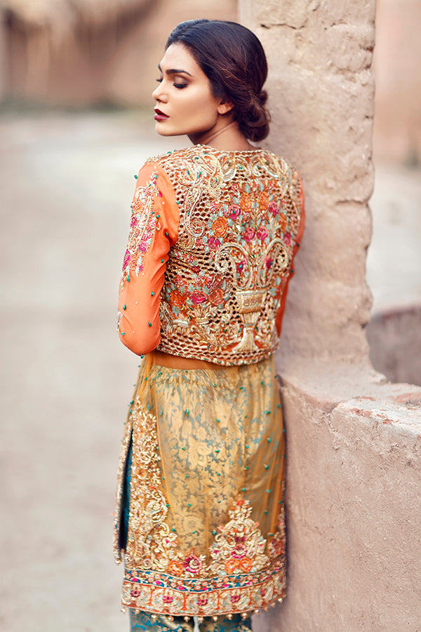 Mustard Gold Embroidered Net Salwar Kameez (3-Piece) - Image 2