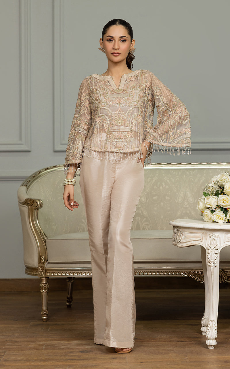 Champagne Embroidered Net Salwar Kameez (2-Piece) - Image 1