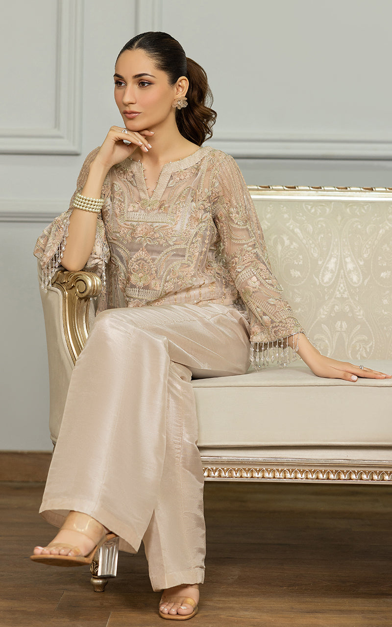 Champagne Embroidered Net Salwar Kameez (2-Piece) - Image 3