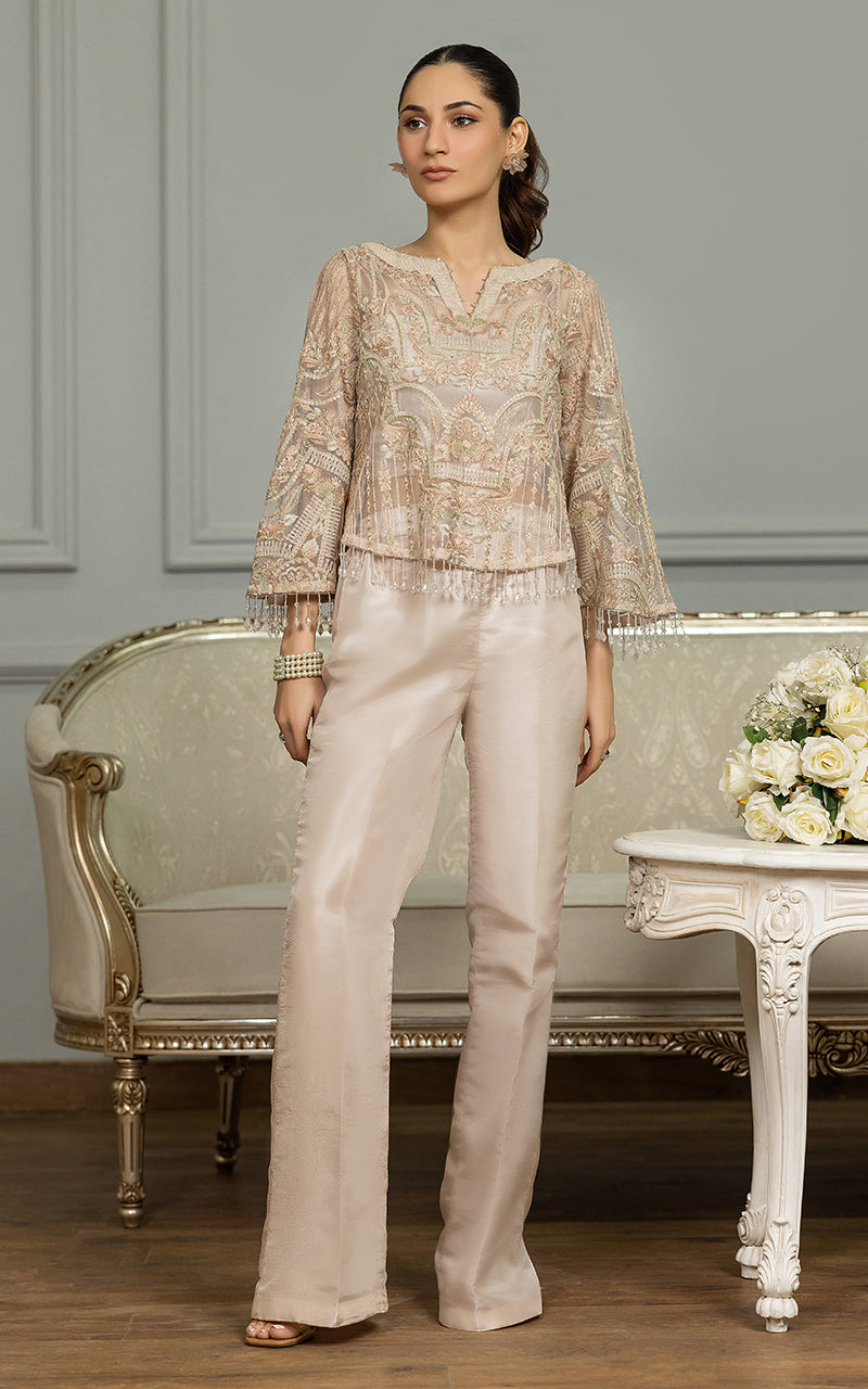 Champagne Embroidered Net Salwar Kameez (2-Piece) - Image 7