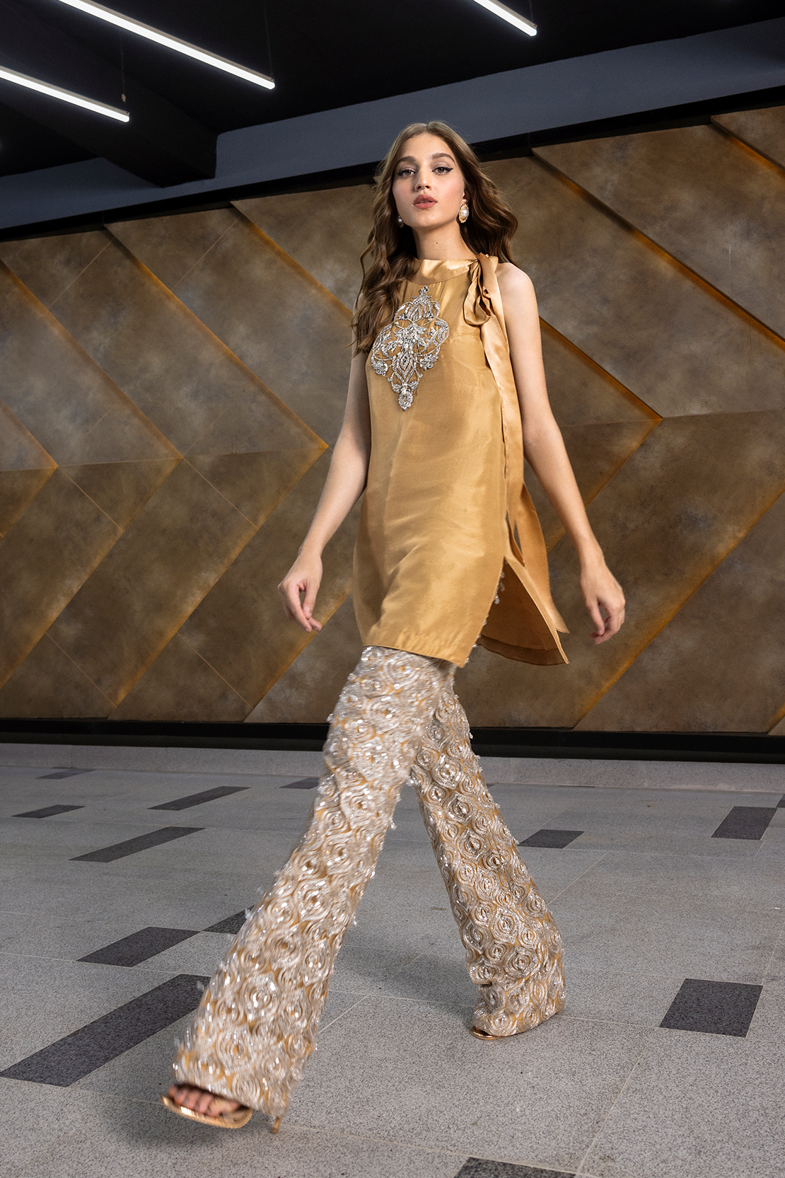Pakistani Gold Embroidered Raw Silk Short Shirt & Silver Trousers (2-Piece) - Image 2