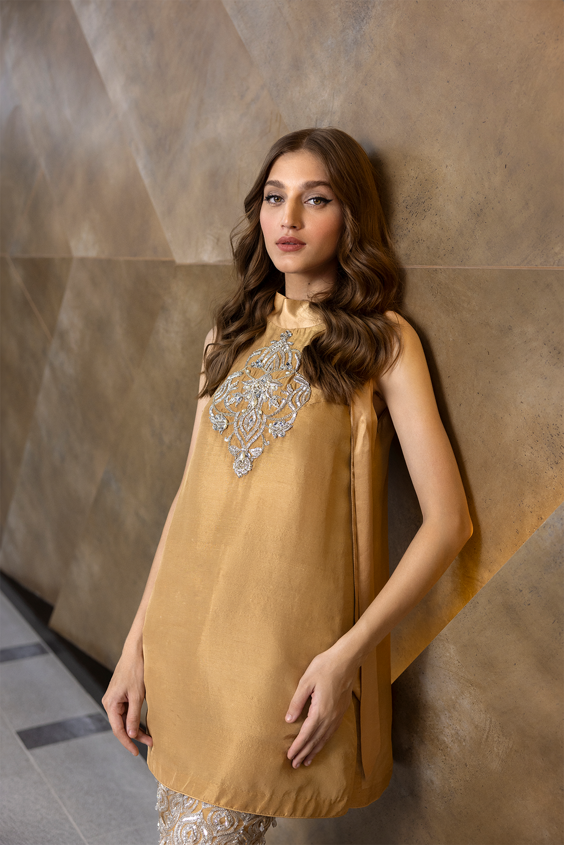 Pakistani Gold Embroidered Raw Silk Short Shirt & Silver Trousers (2-Piece) - Image 3
